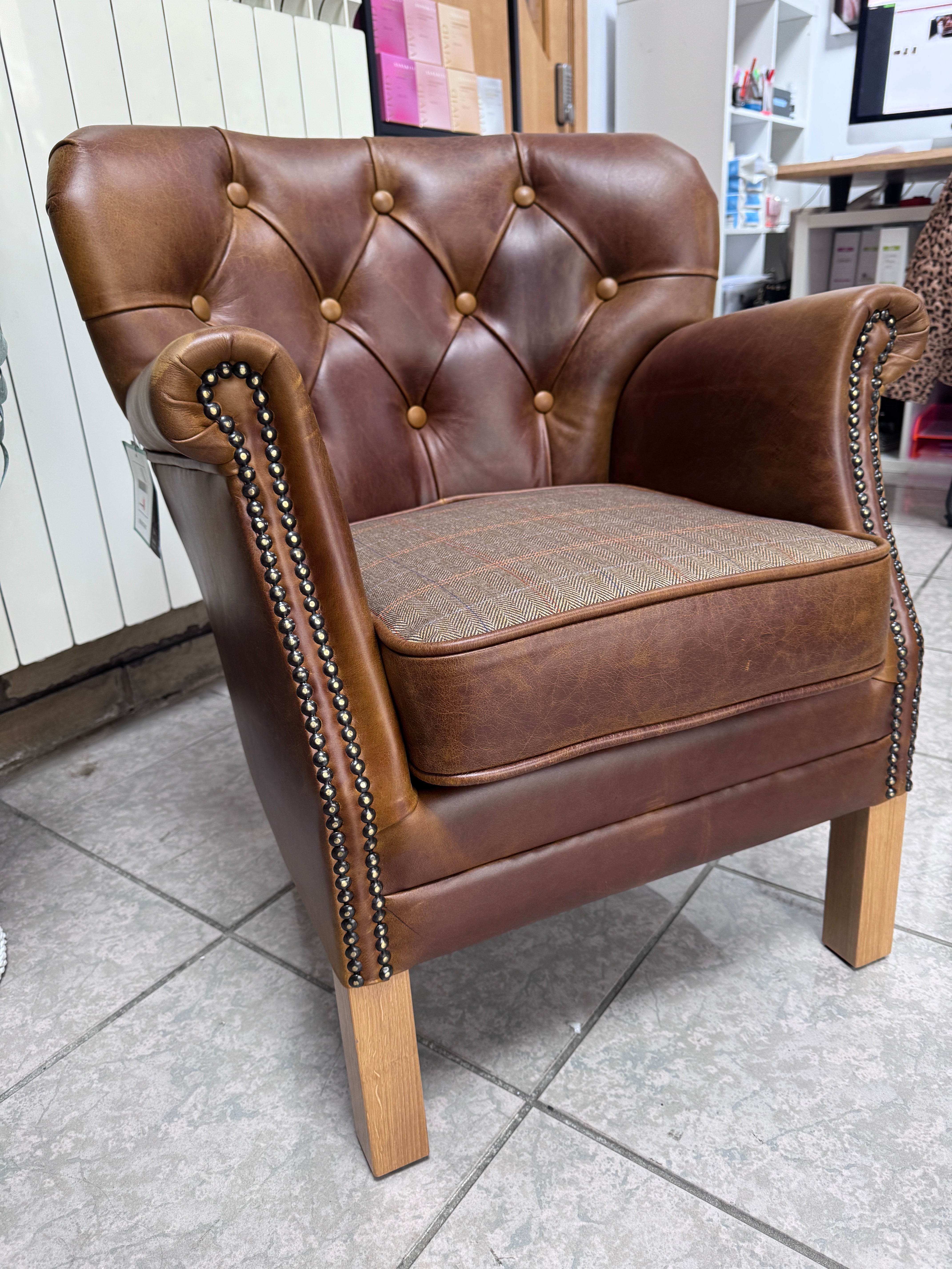 Governor accent chair in Whiskey brown leather with Harris Tweed reversible seat pad