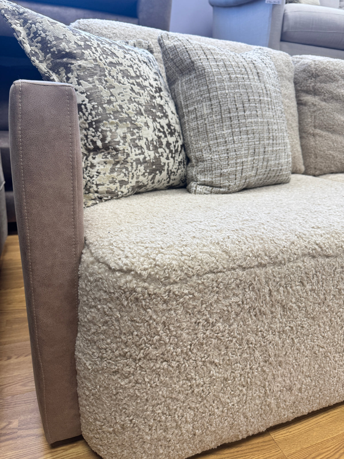 Proto 4 seater split sofa in half faux tan leather and cream borg fabric