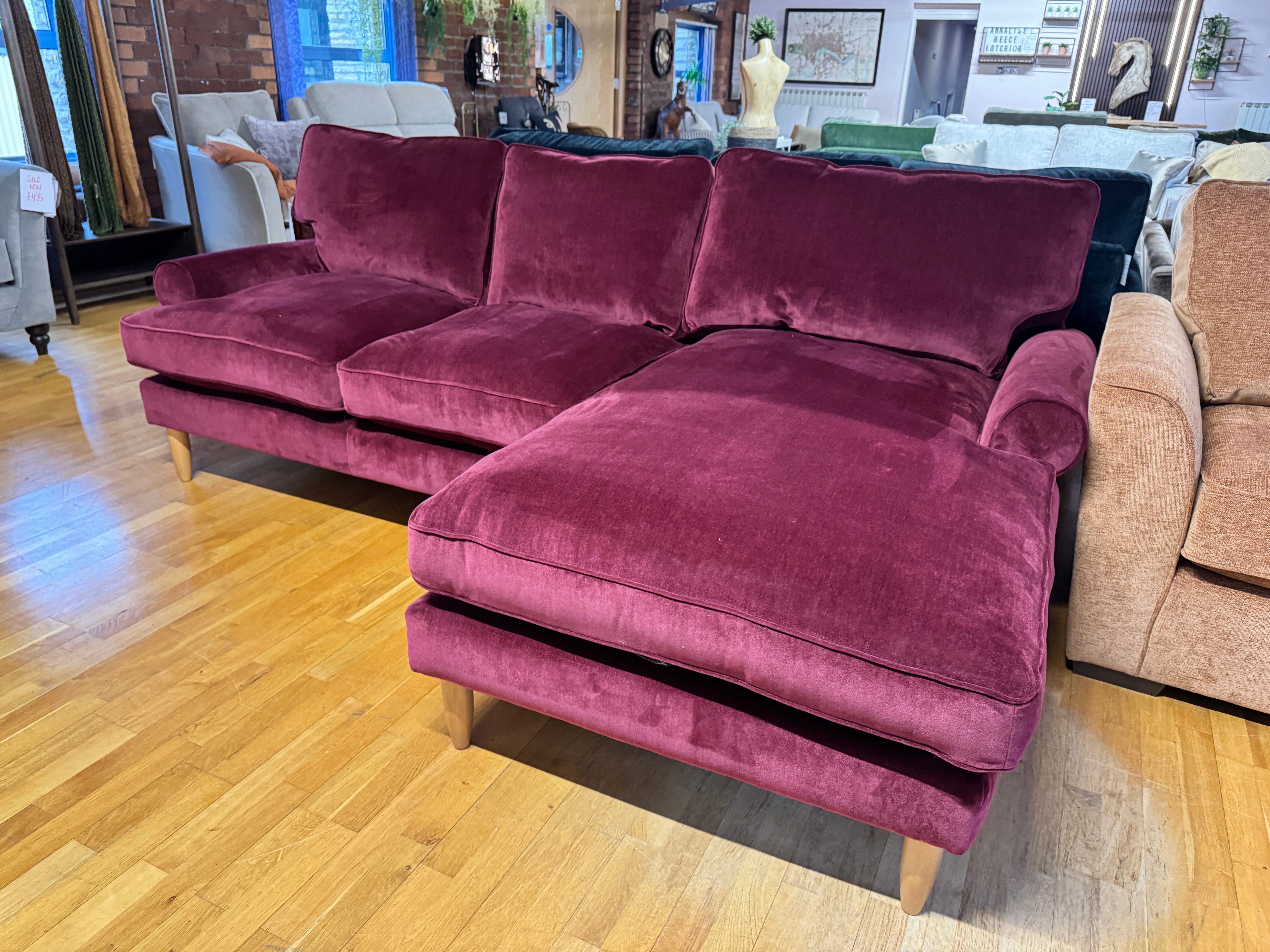 Finchley right facing 2 piece chaise sofa in Mulberry red chenille fabric