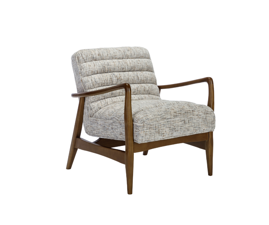 Thea brown mid-century style ribbed fabric accent chair with wooden frame