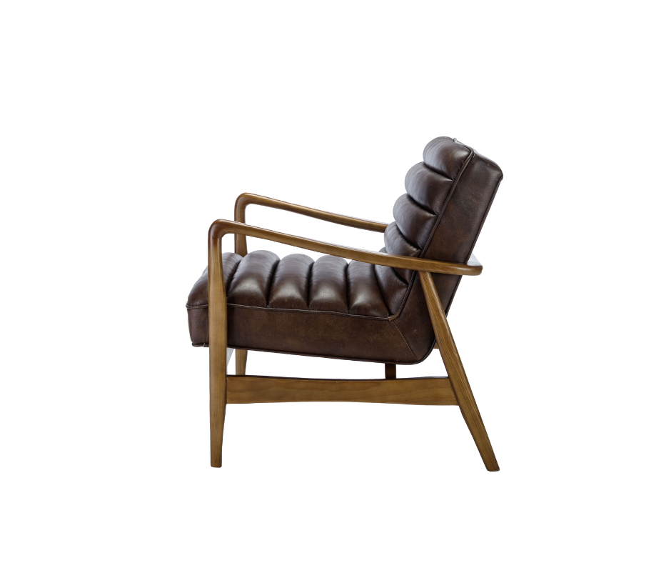 Thea brown mid-century style leather ribbed accent chair with wooden frame