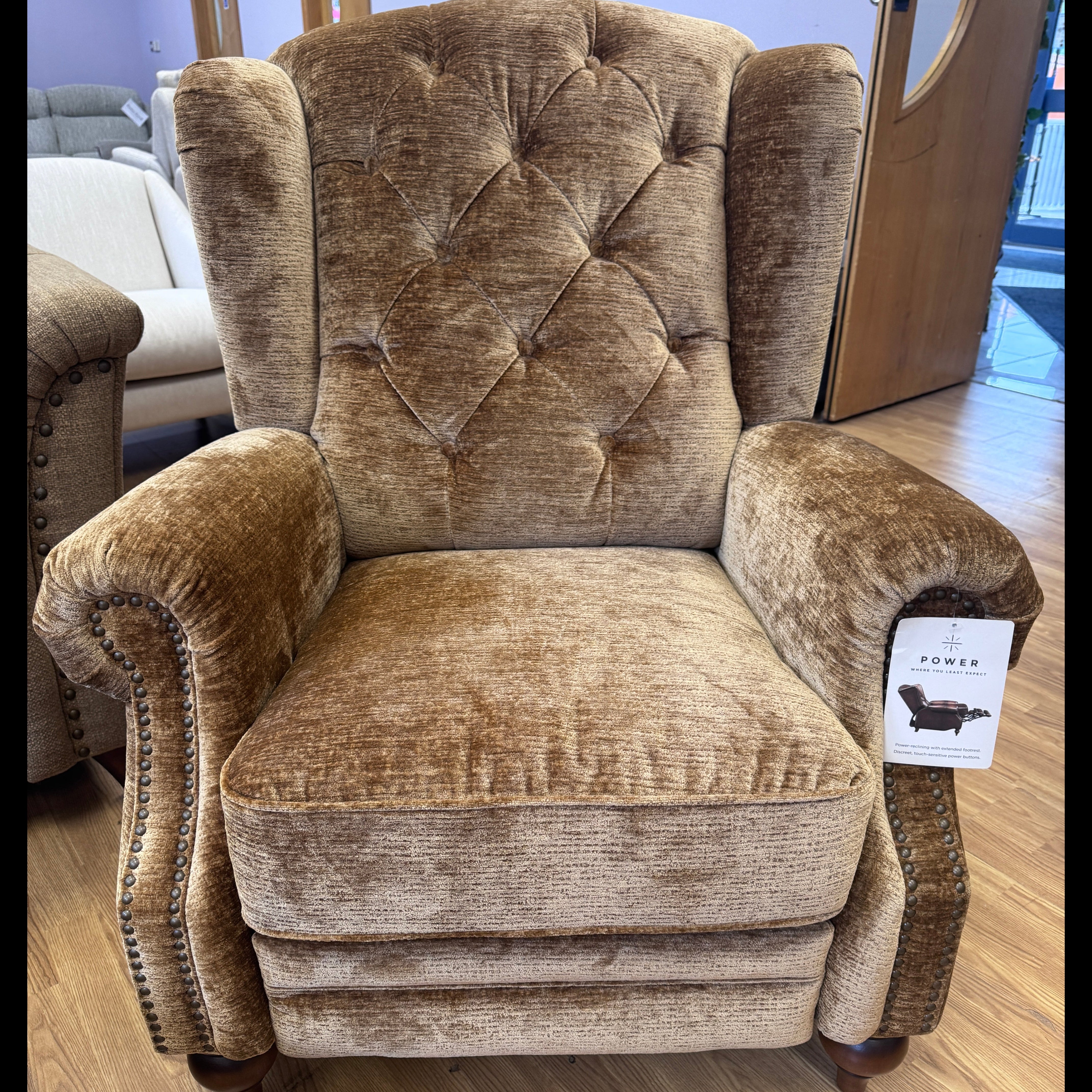Buckingham electric power reclining armchair in premium harvest fabric