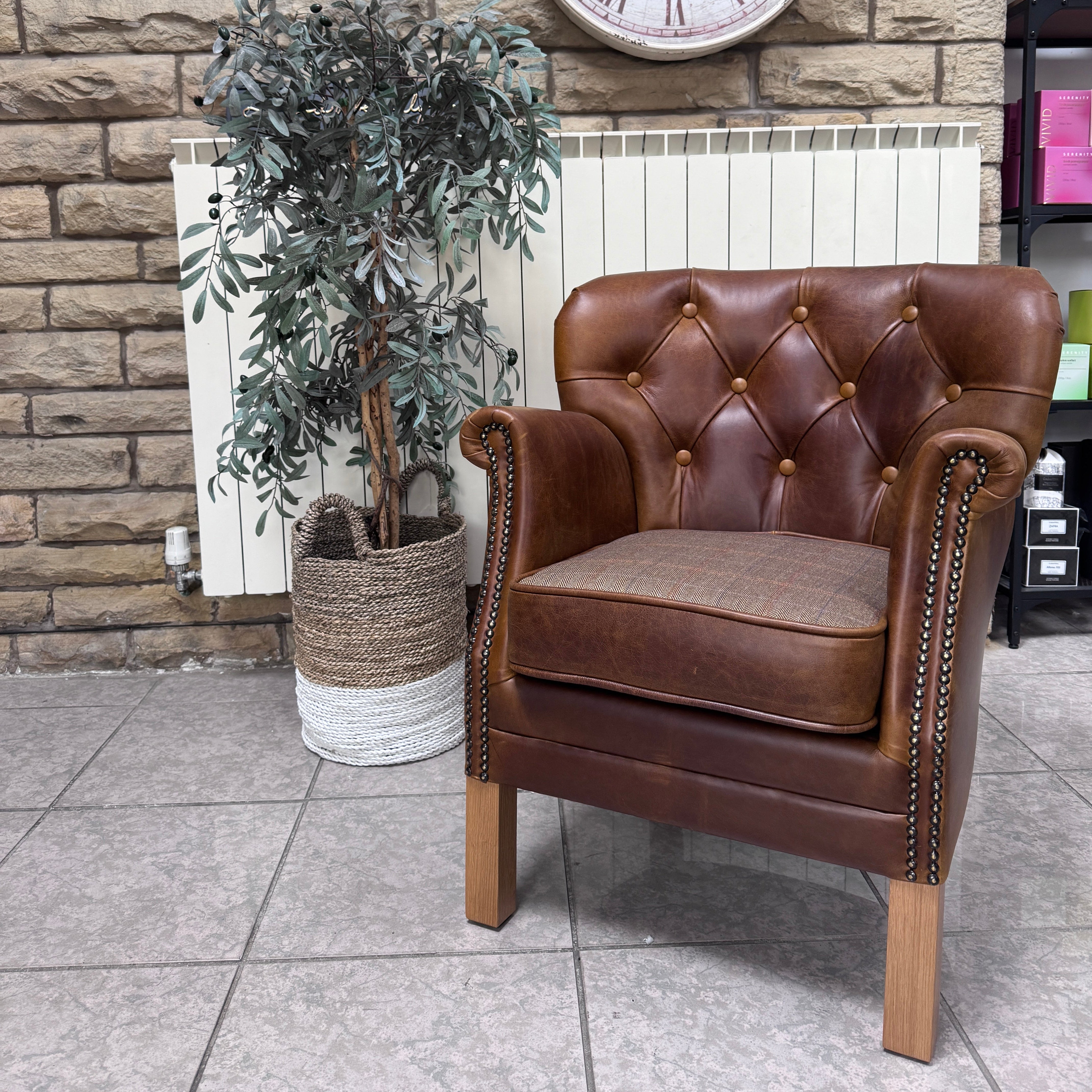 Governor accent chair in Whiskey brown leather with Harris Tweed reversible seat pad