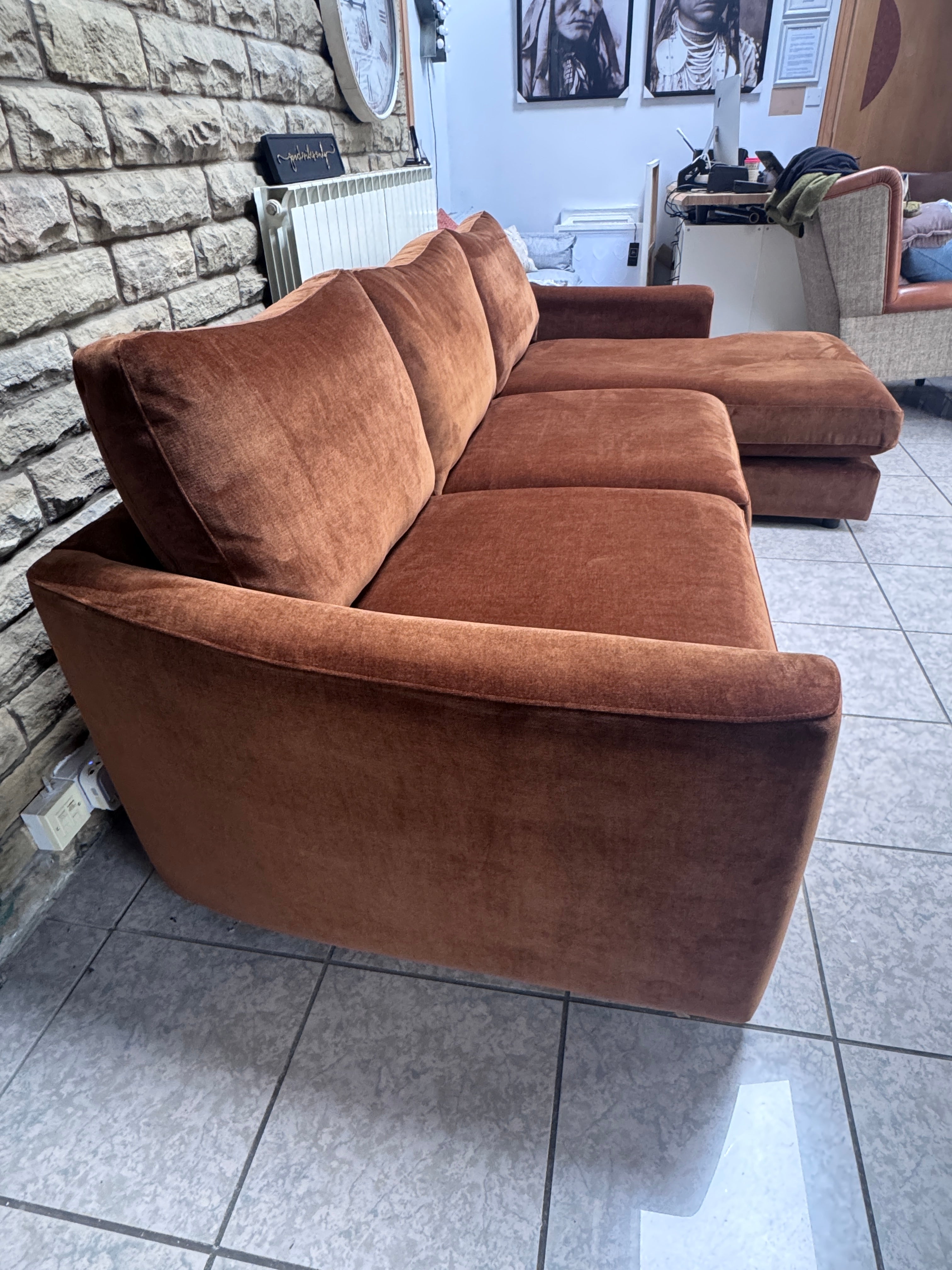 Maddox XL Right facing 2 piece chaise sofa in Masala burnt orange chenille fabric