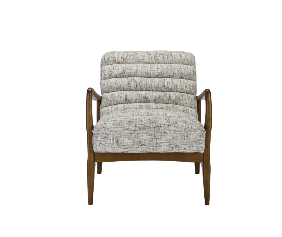 Thea brown mid-century style ribbed fabric accent chair with wooden frame