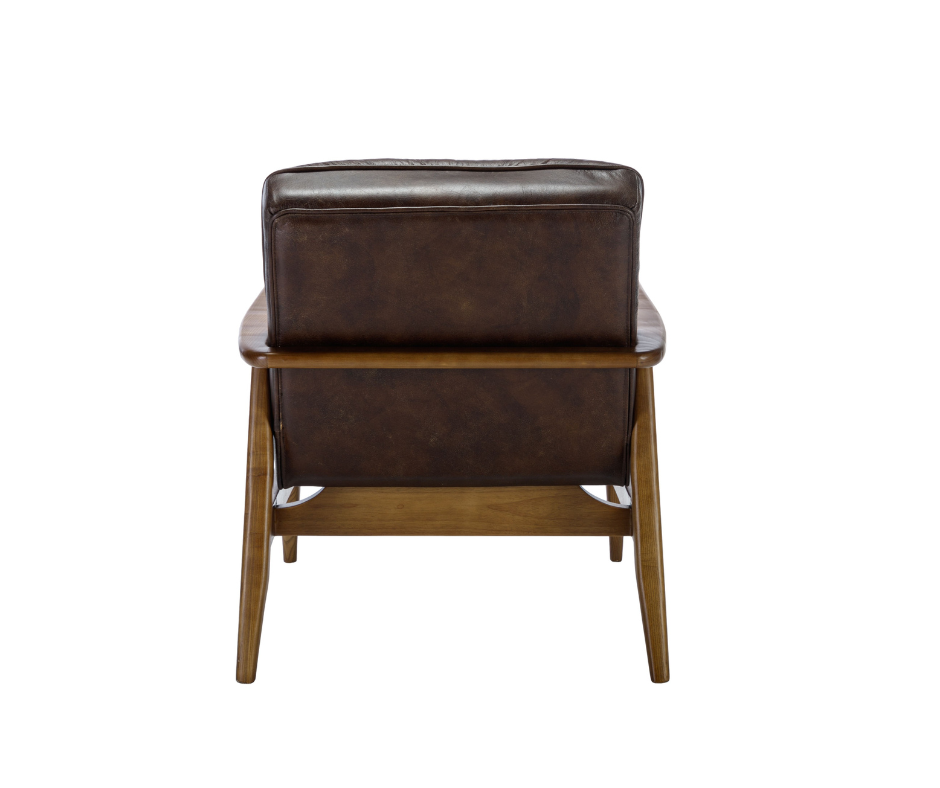 Thea brown mid-century style leather ribbed accent chair with wooden frame