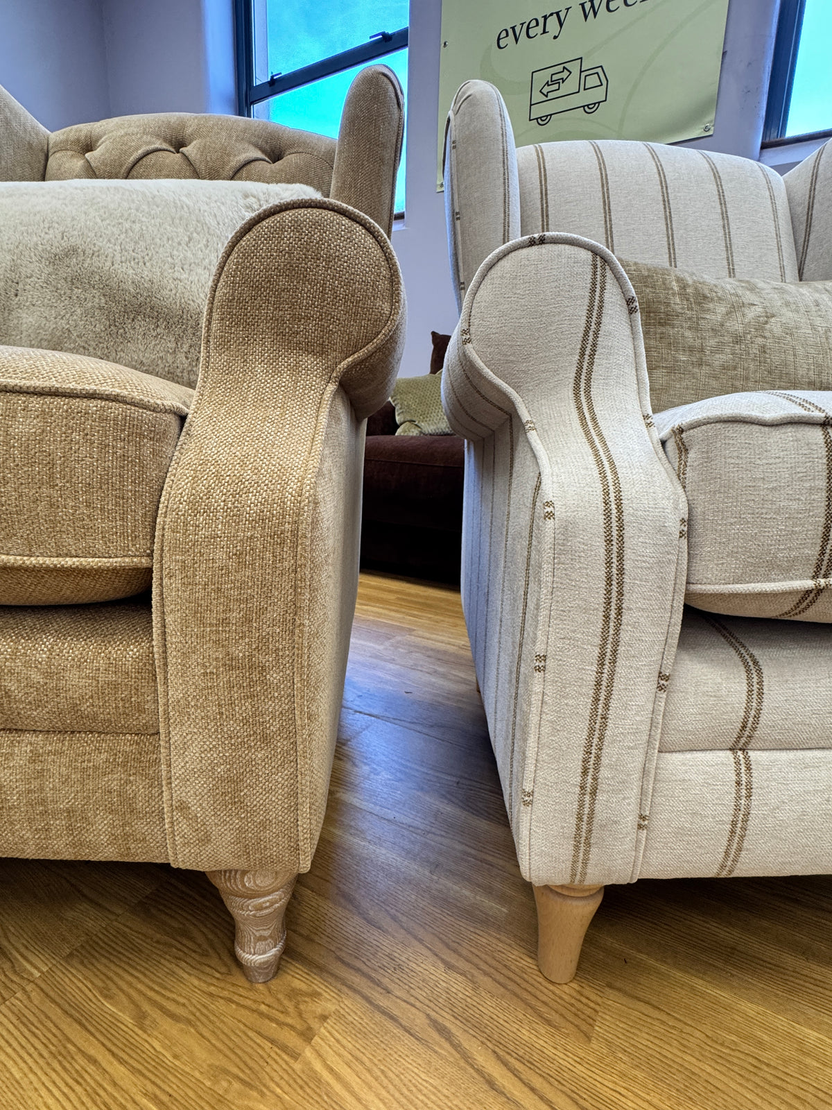 Heather high back winged armchair in natural & honey striped chenille