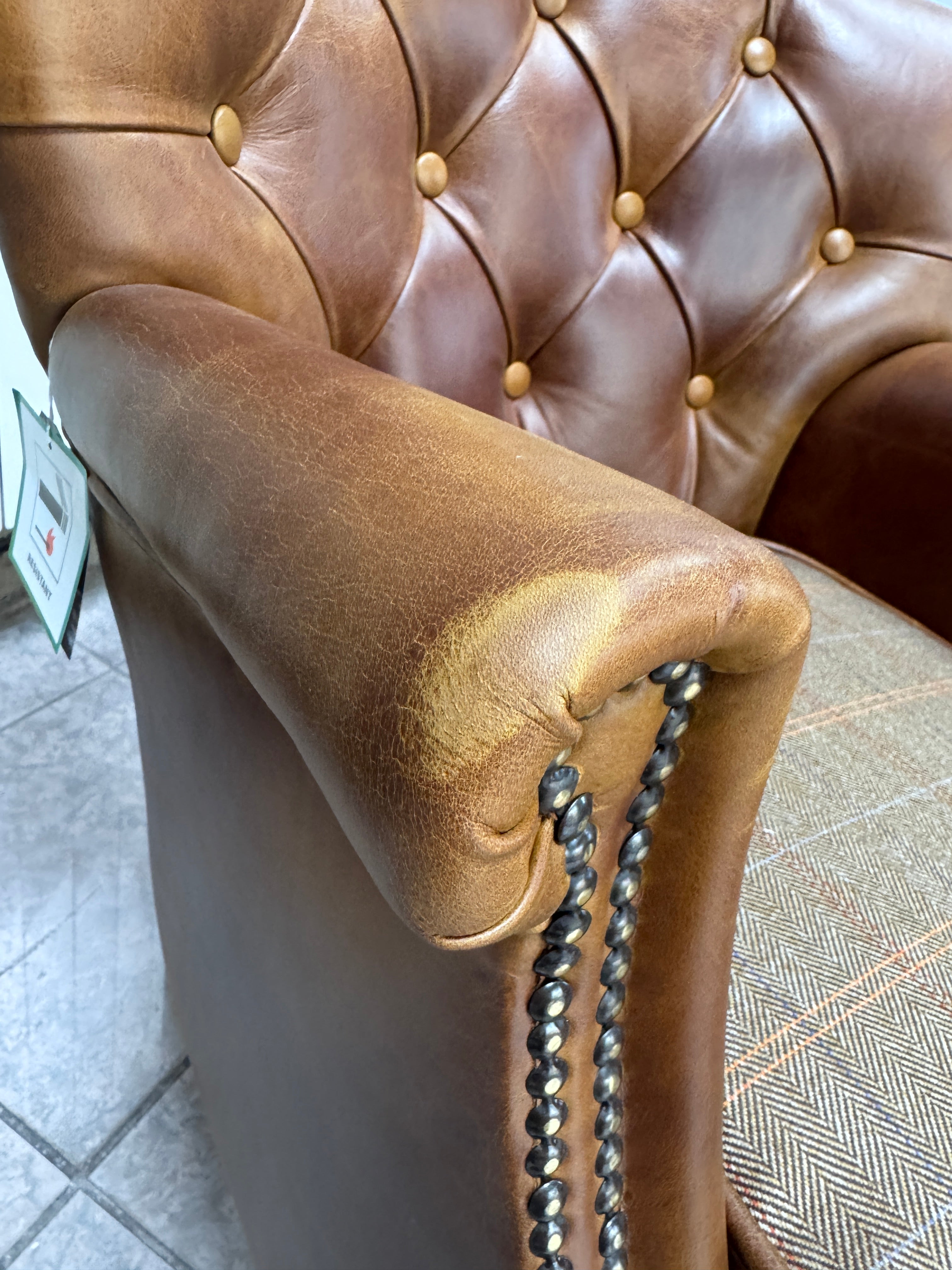 Governor accent chair in Whiskey brown leather with Harris Tweed reversible seat pad