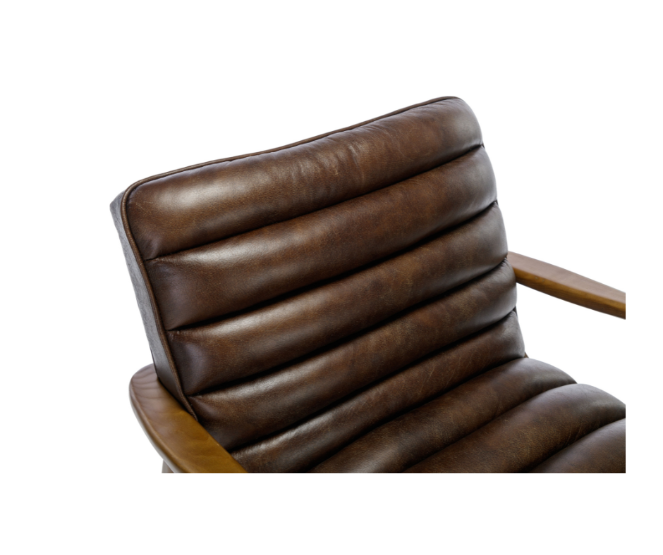 Thea brown mid-century style leather ribbed accent chair with wooden frame