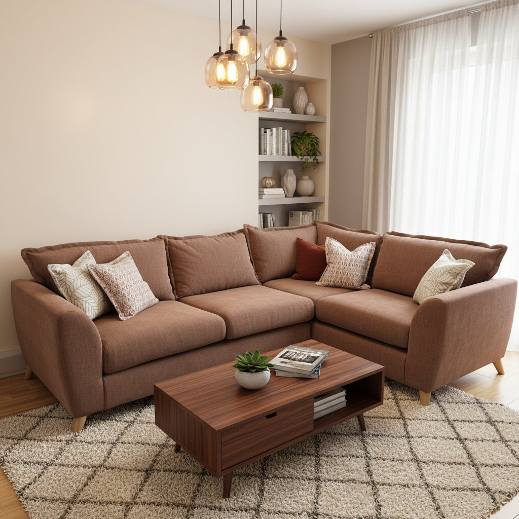 Layla right facing 2 piece corner sofa in terracotta soft weave fabric