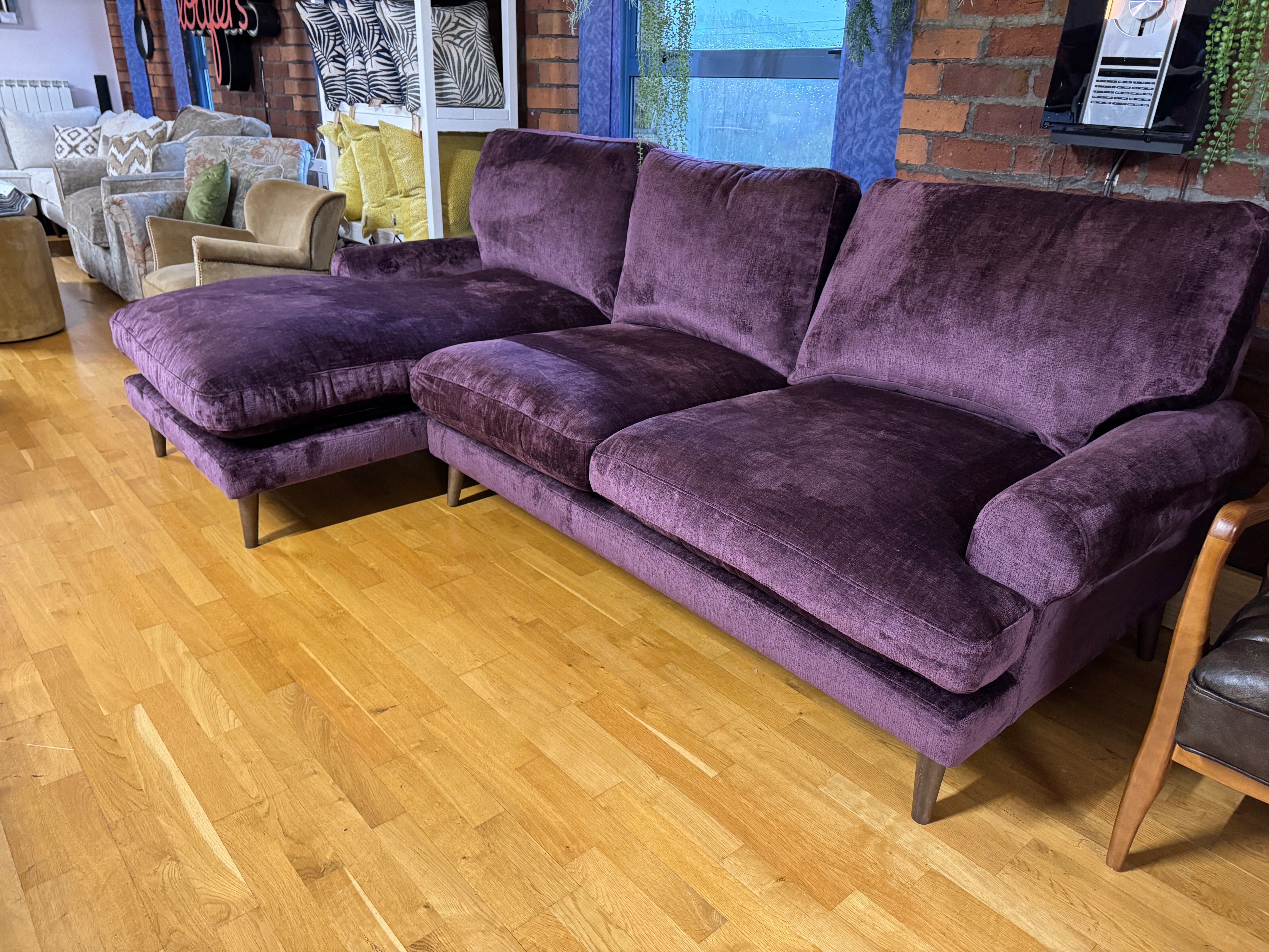 Next Erin left facing 2 piece deep chaise sofa in Dark Plum Purple chenille