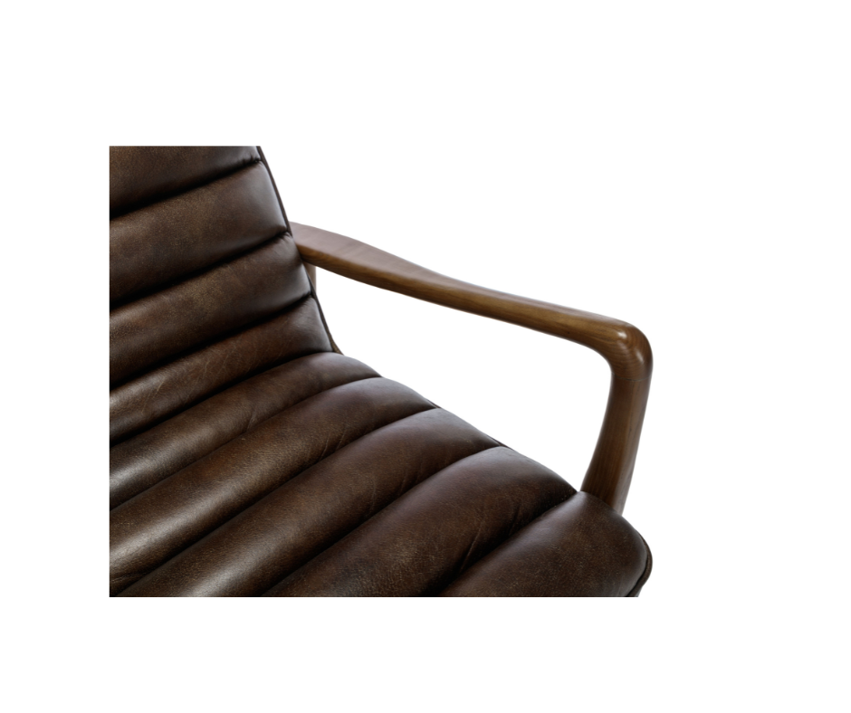 Thea brown mid-century style leather ribbed accent chair with wooden frame