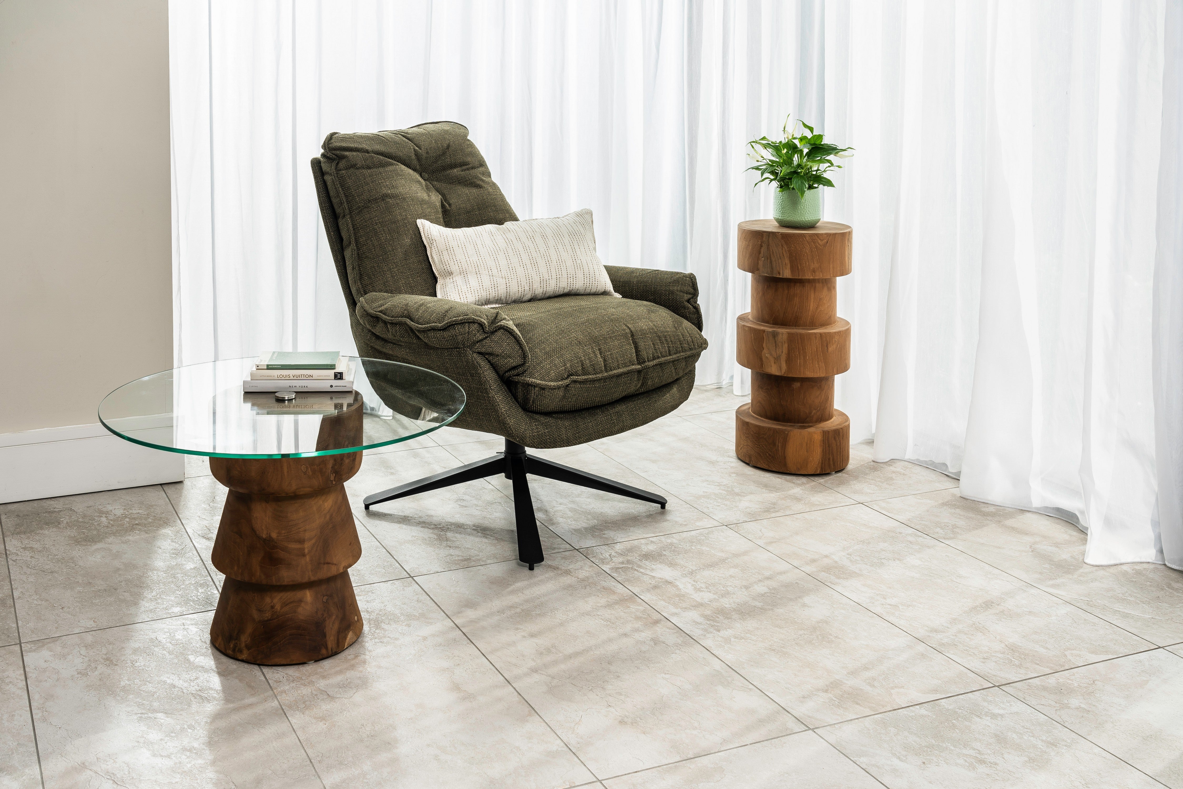 Padstow swivel chair in olive green twill fabric