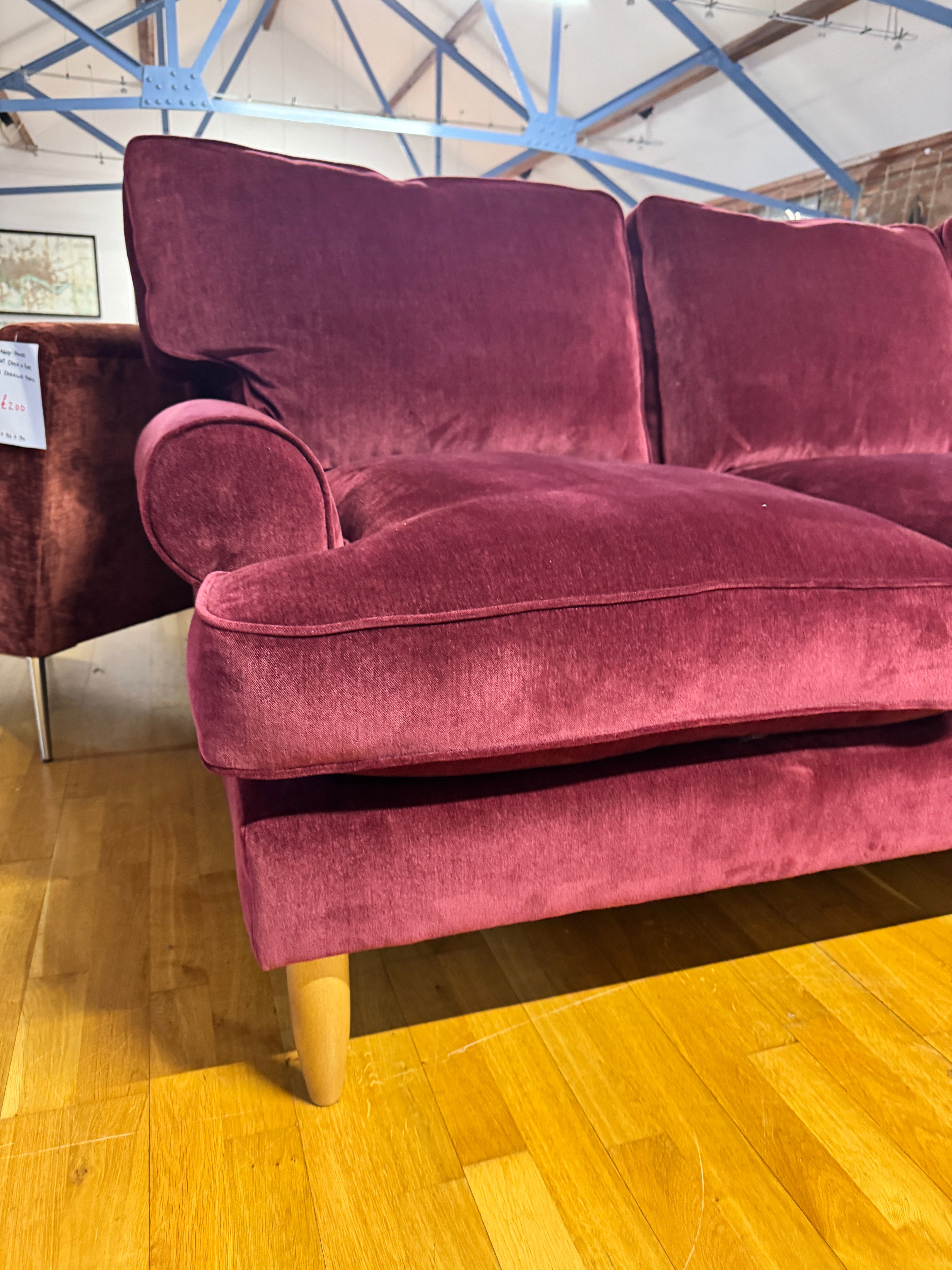 Finchley right facing 2 piece chaise sofa in Mulberry red chenille fabric