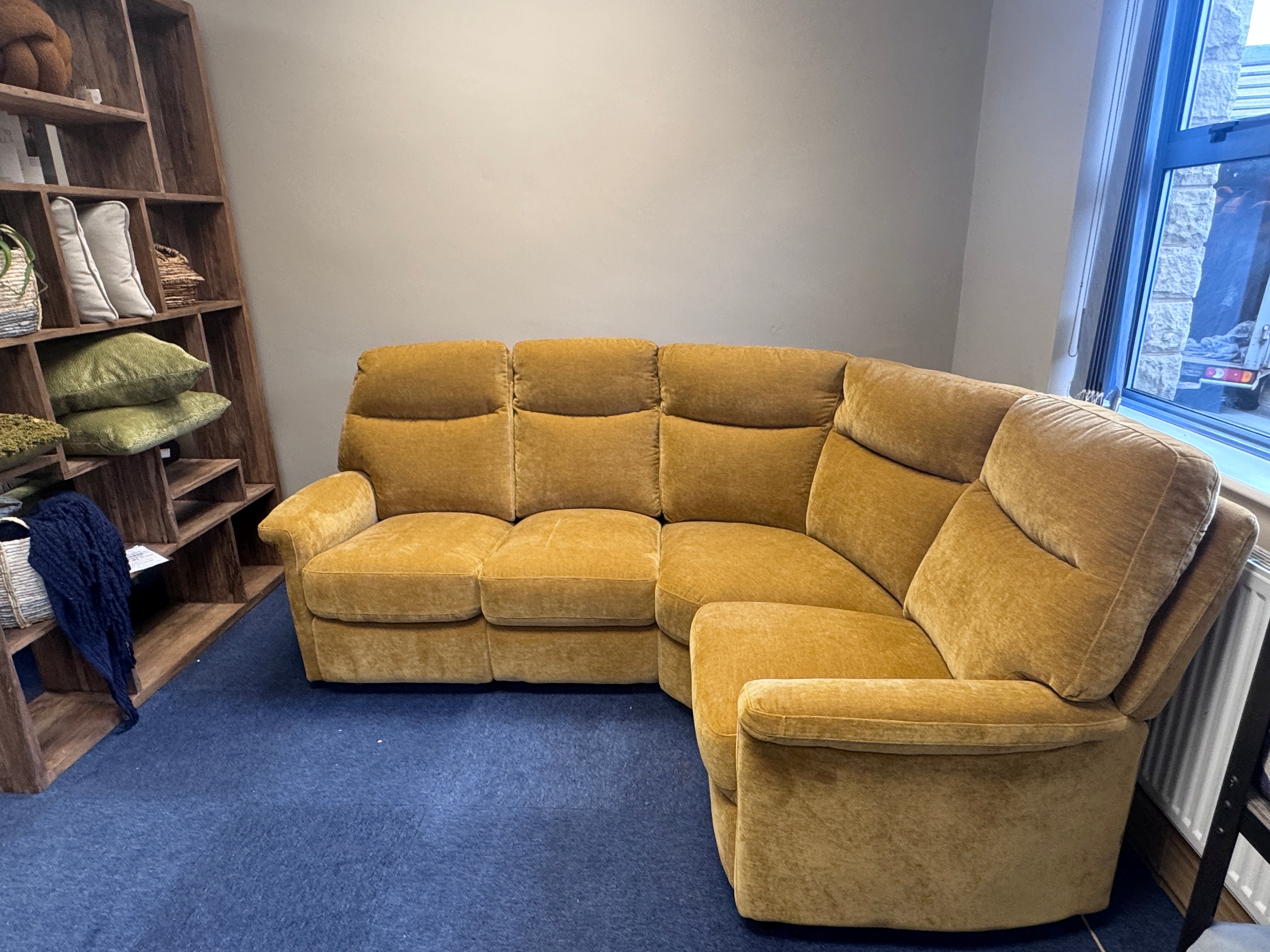 Snug Right facing electric reclining 3 piece corner sofa in mustard velvet fabric
