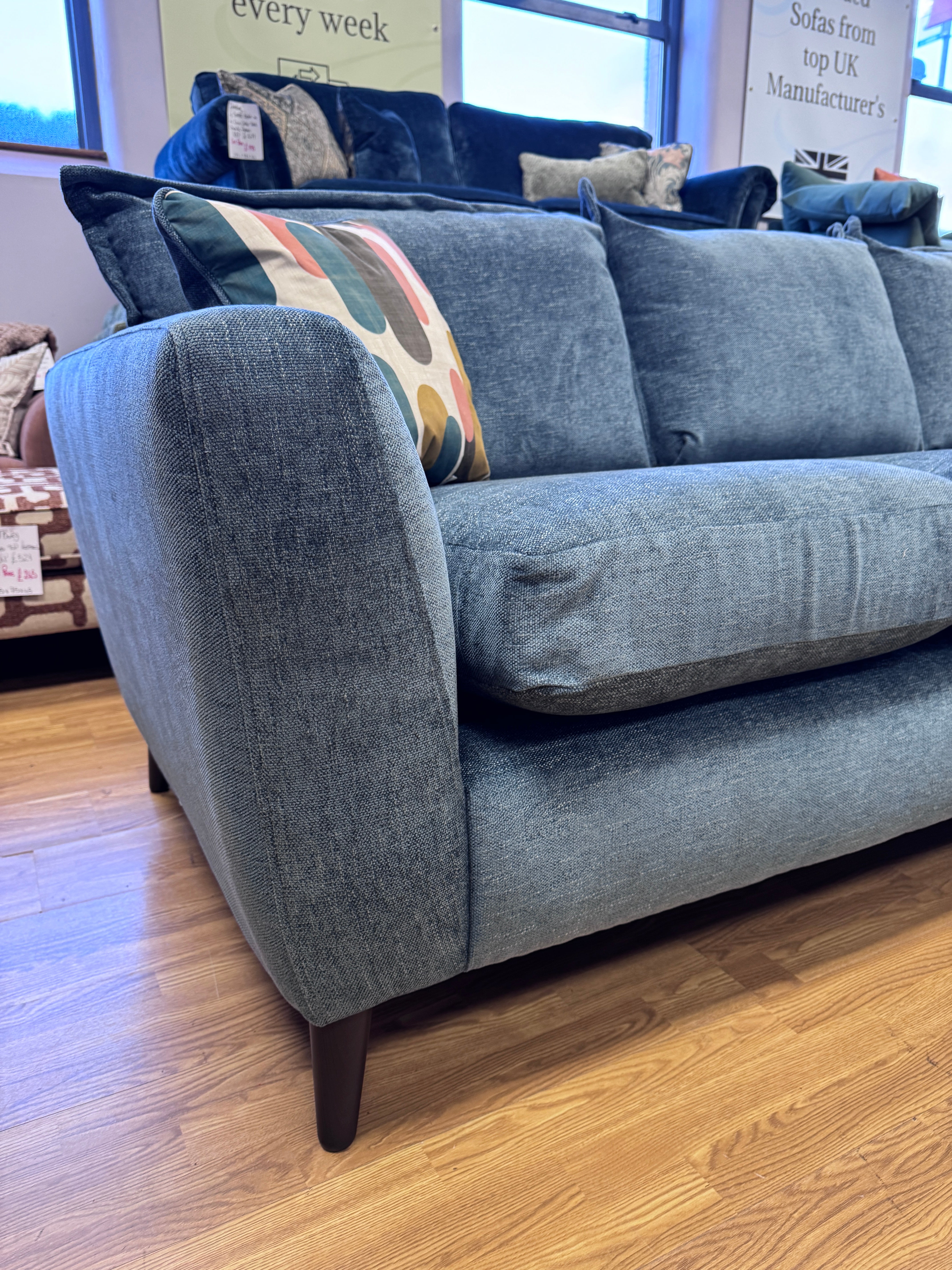 Sofia 3 seater right facing chaise end sofa in Marlon Atlantic blue. fabric
