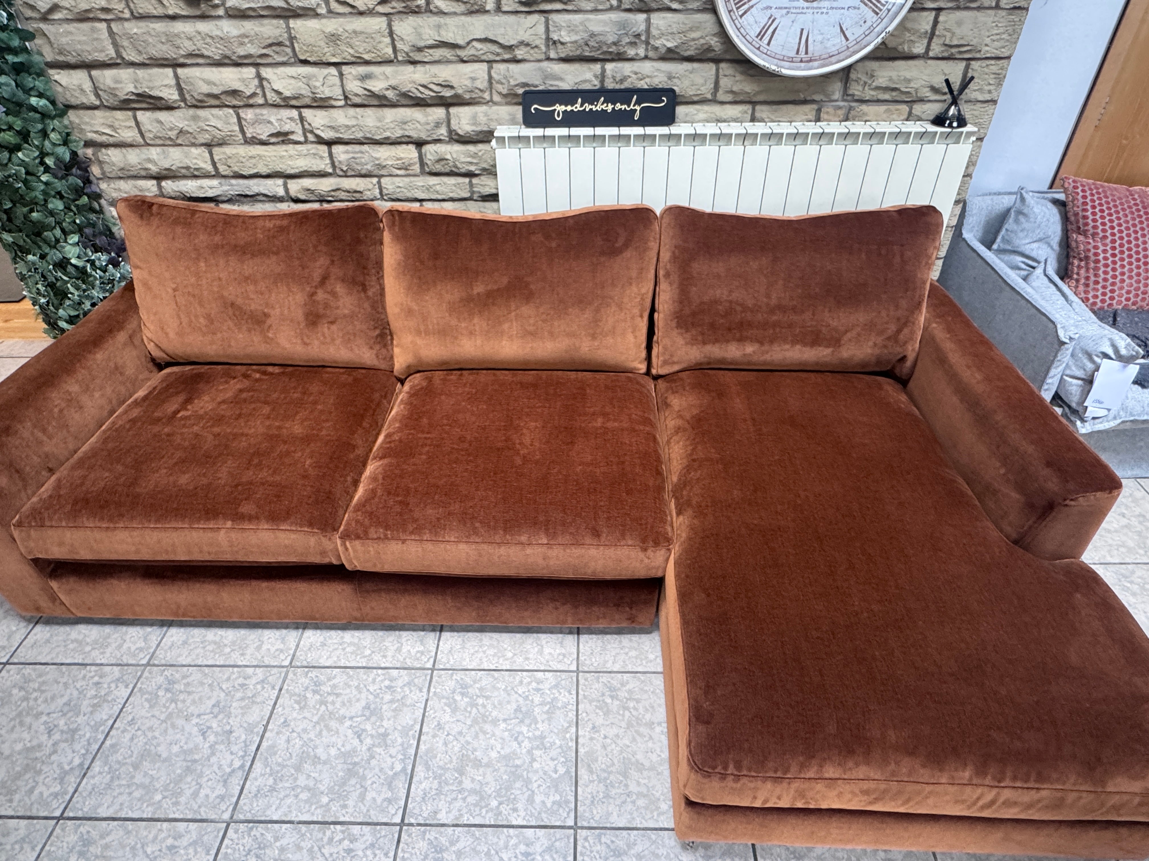 Maddox XL Right facing 2 piece chaise sofa in Masala burnt orange chenille fabric