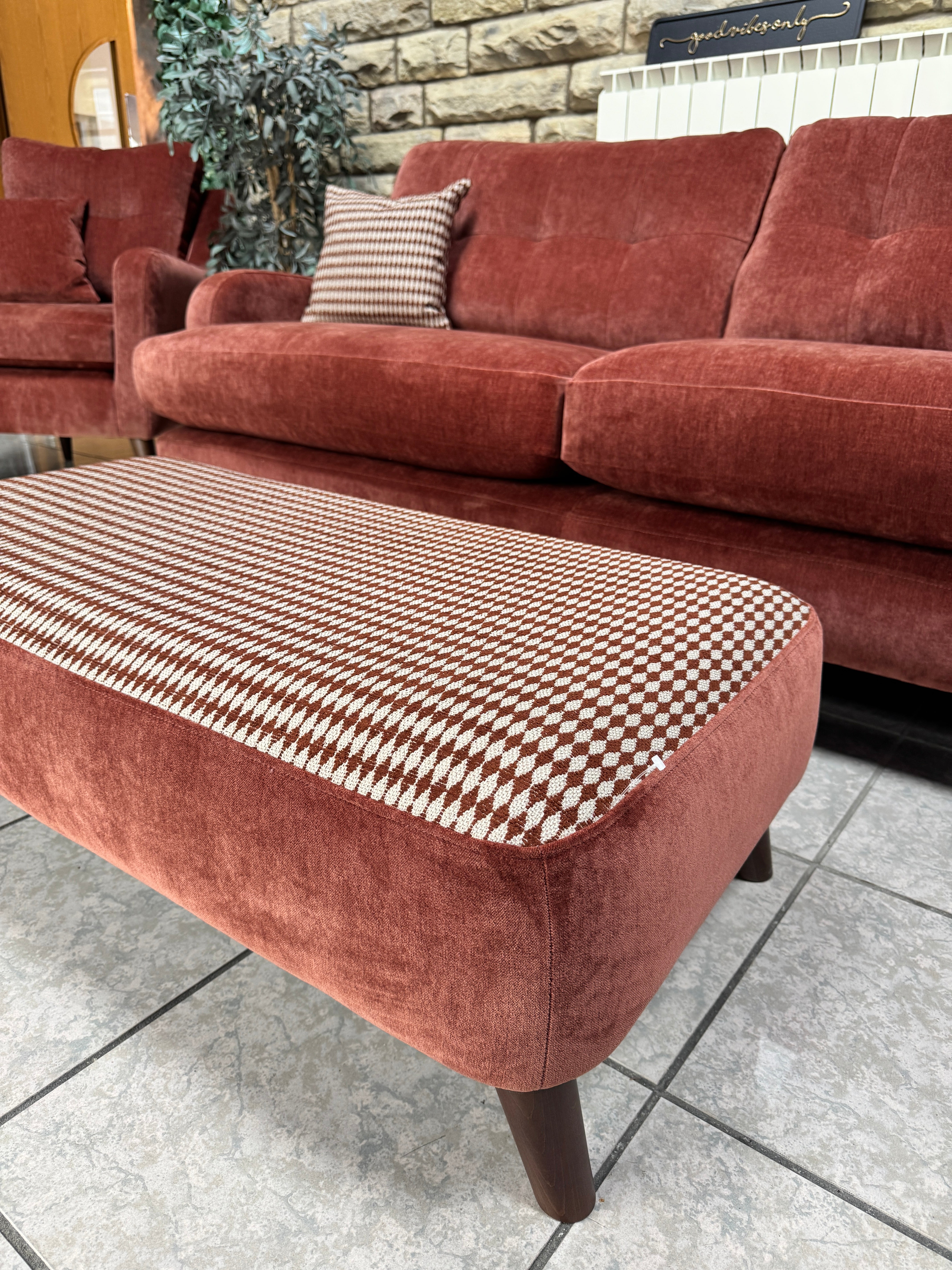 Loften footstool in Witton Brick chenille with Harley Brick top & matching side cushions