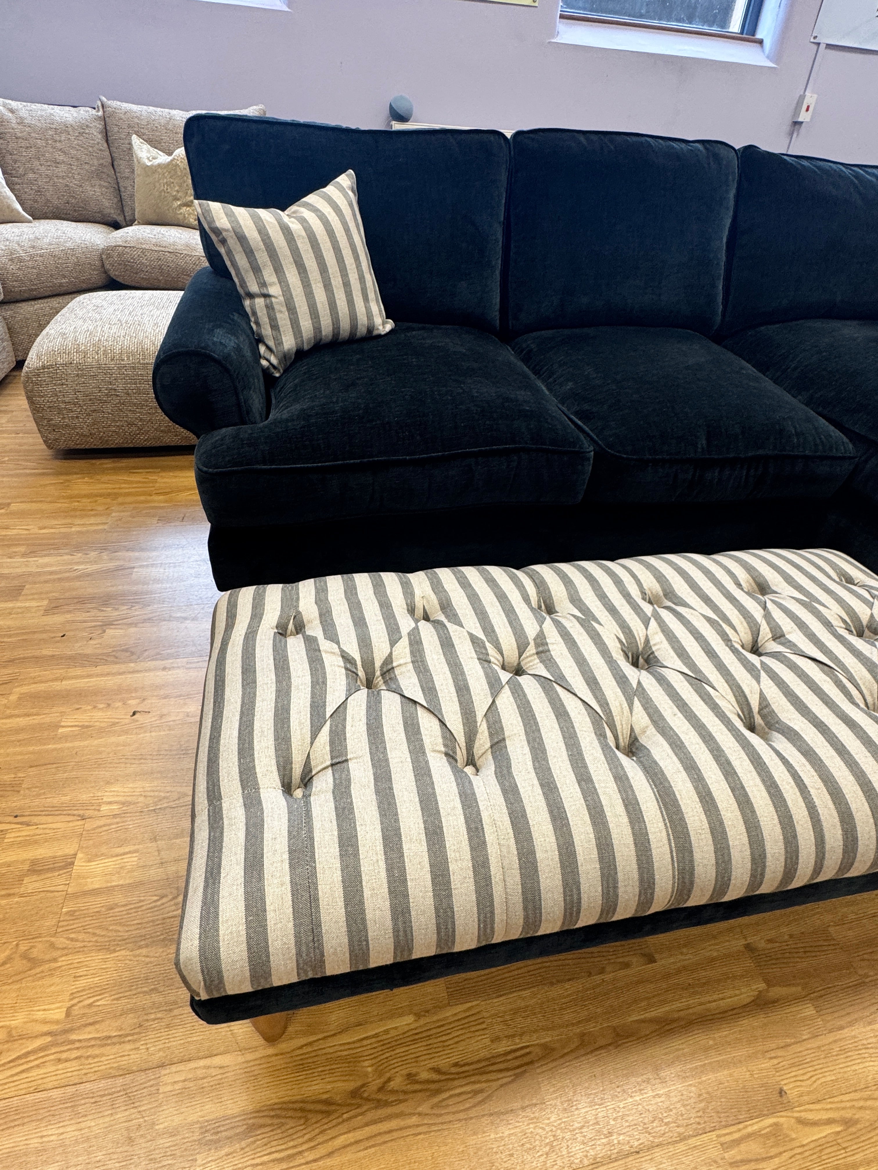 Finchley button top bench footstool in linen mix grey stripe fabric