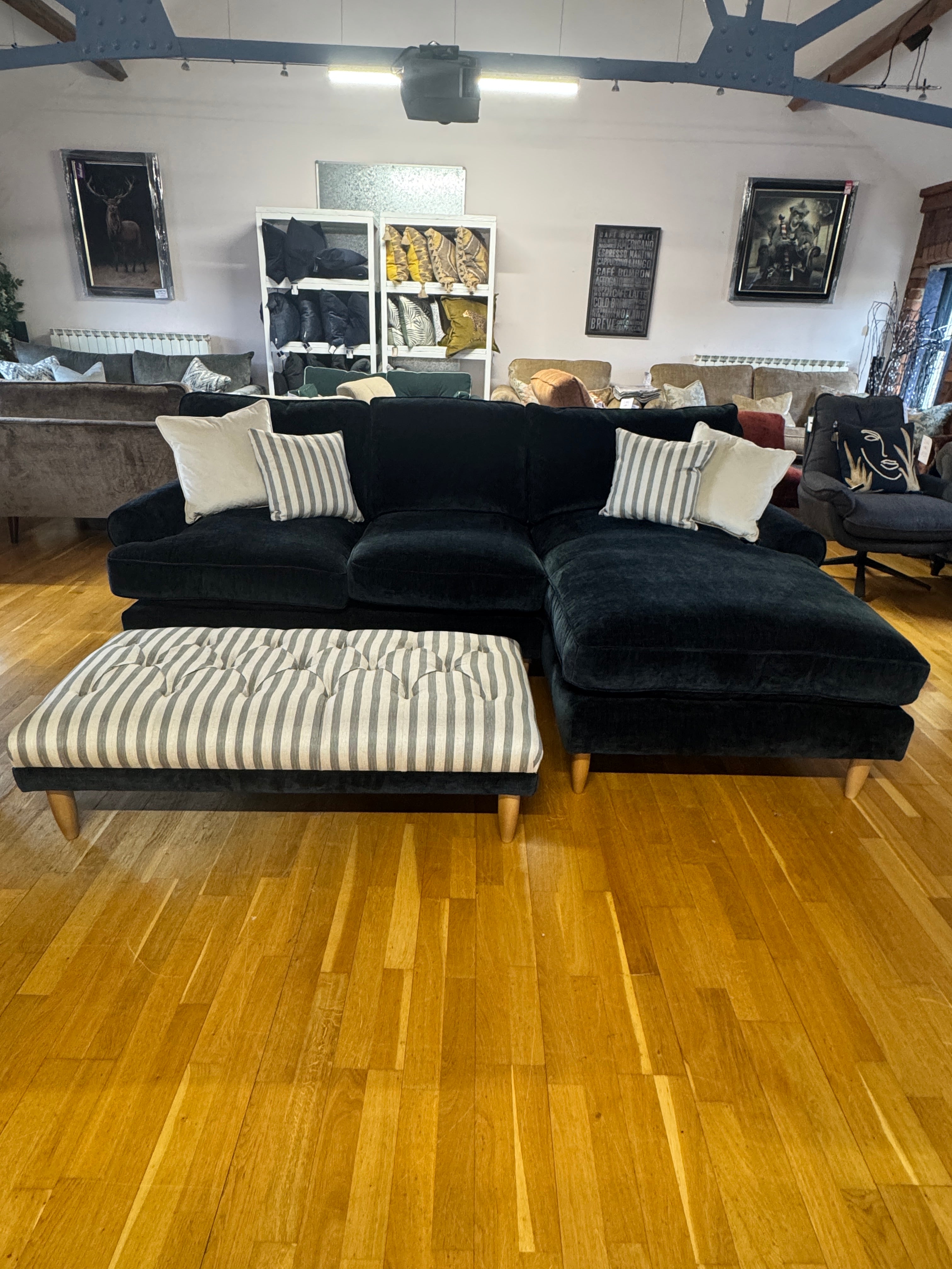 Finchley loveseat snuggle chair in linen mix grey stripe fabric