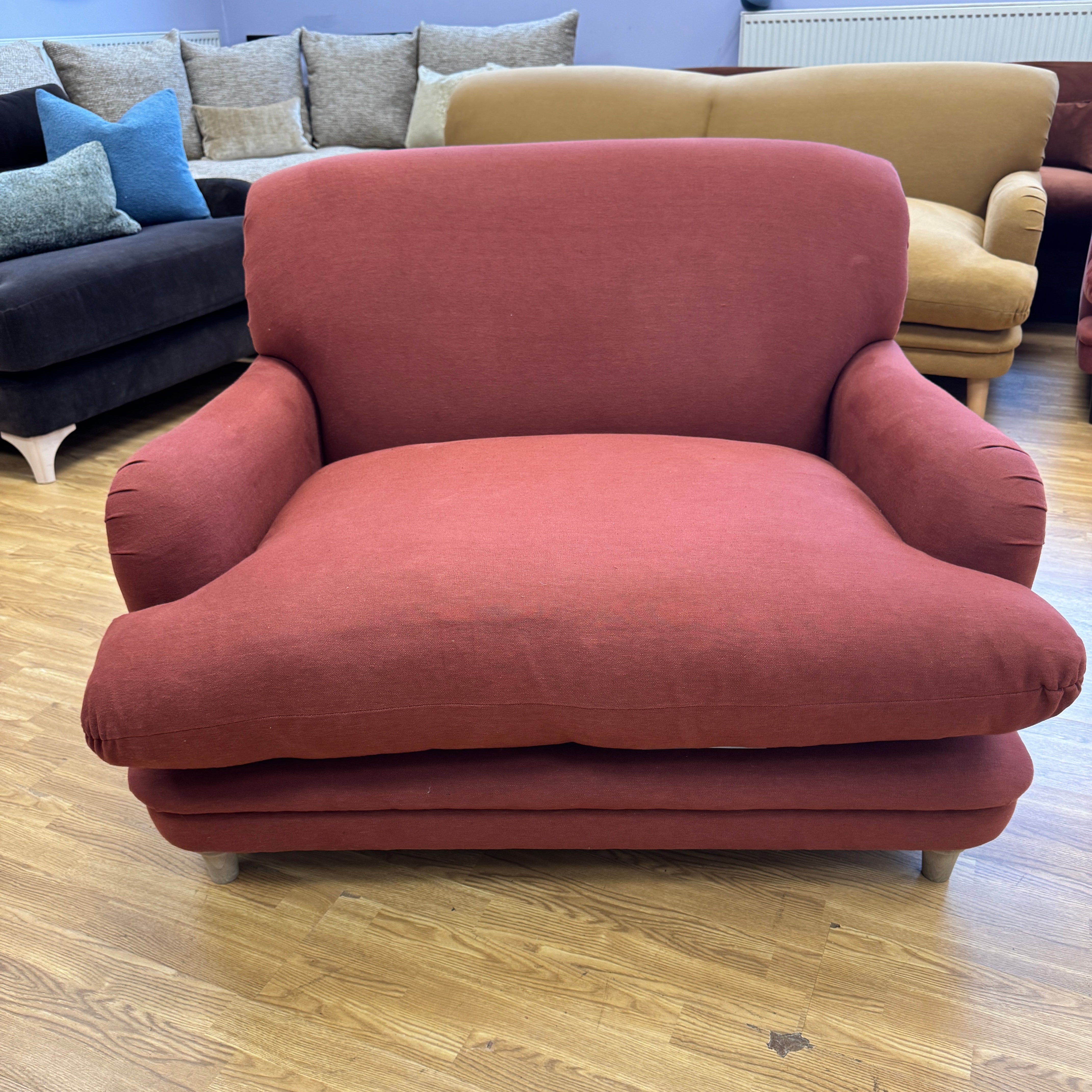 Pudding Loveseat in Quince Jam Red Linen fabric
