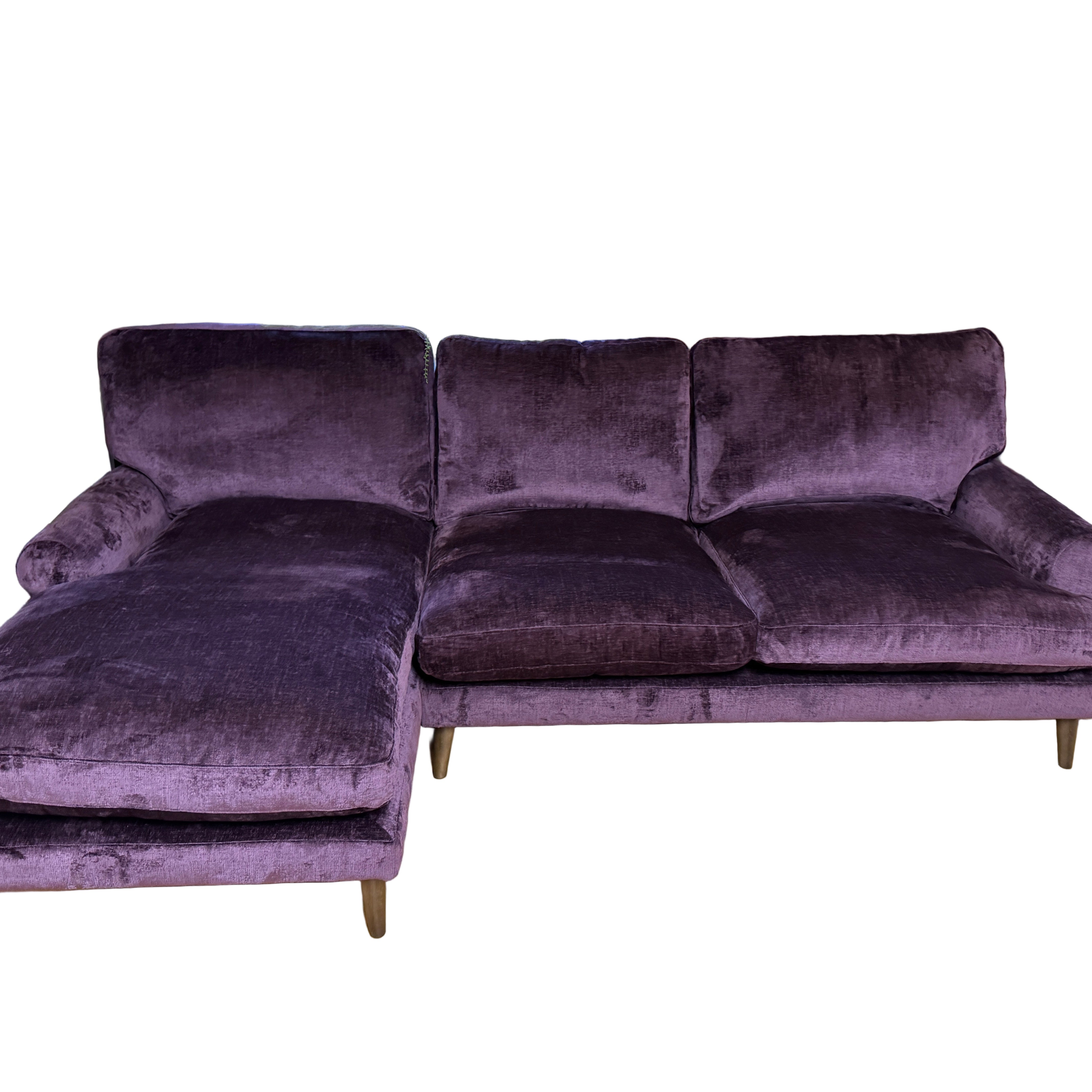 Next Erin left facing 2 piece deep chaise sofa in Dark Plum Purple chenille