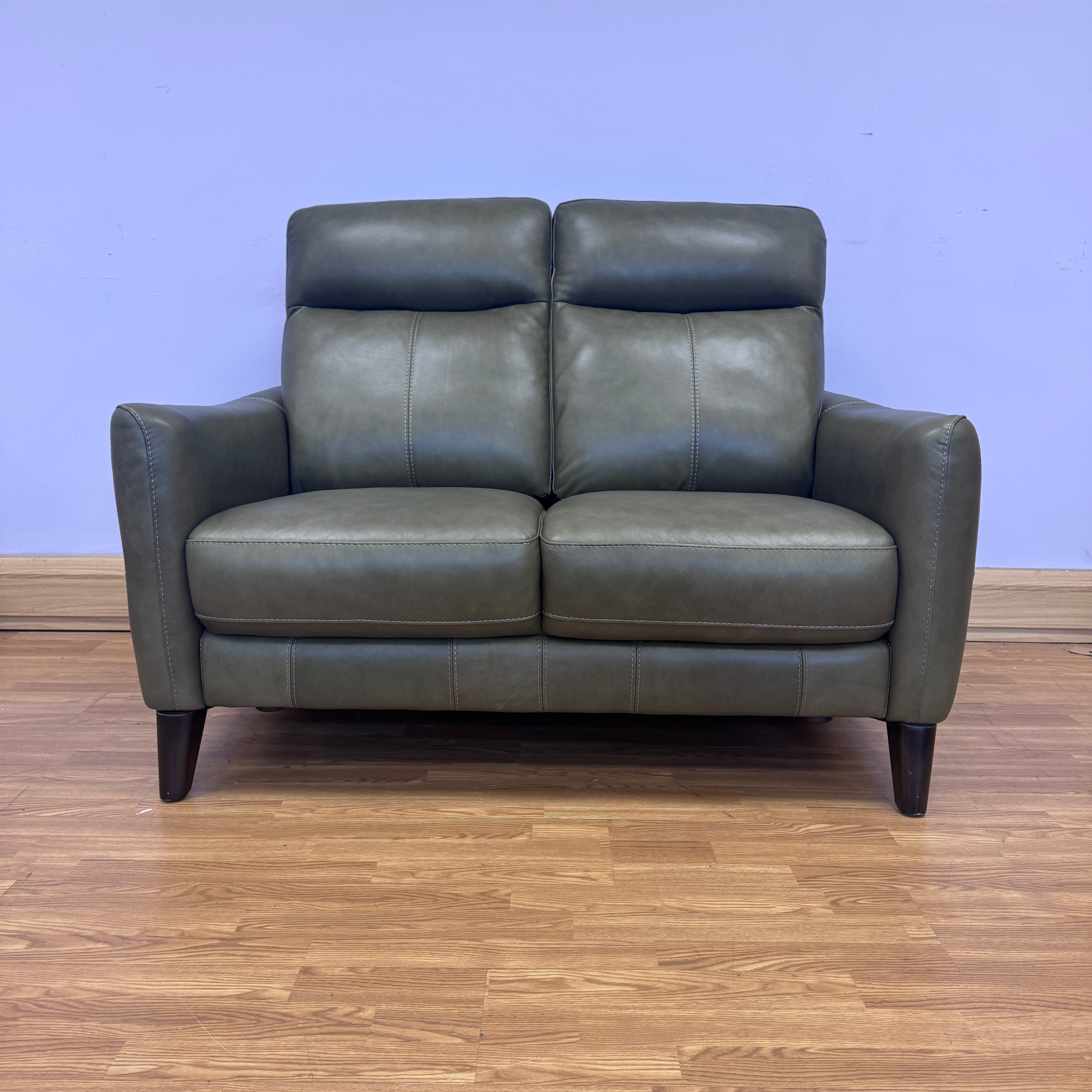 Compact Contempo petite 2 seater high back sofa in Olive green leather (pair available)