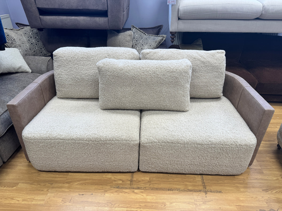 Proto 4 seater split sofa in half faux tan leather and cream borg fabric