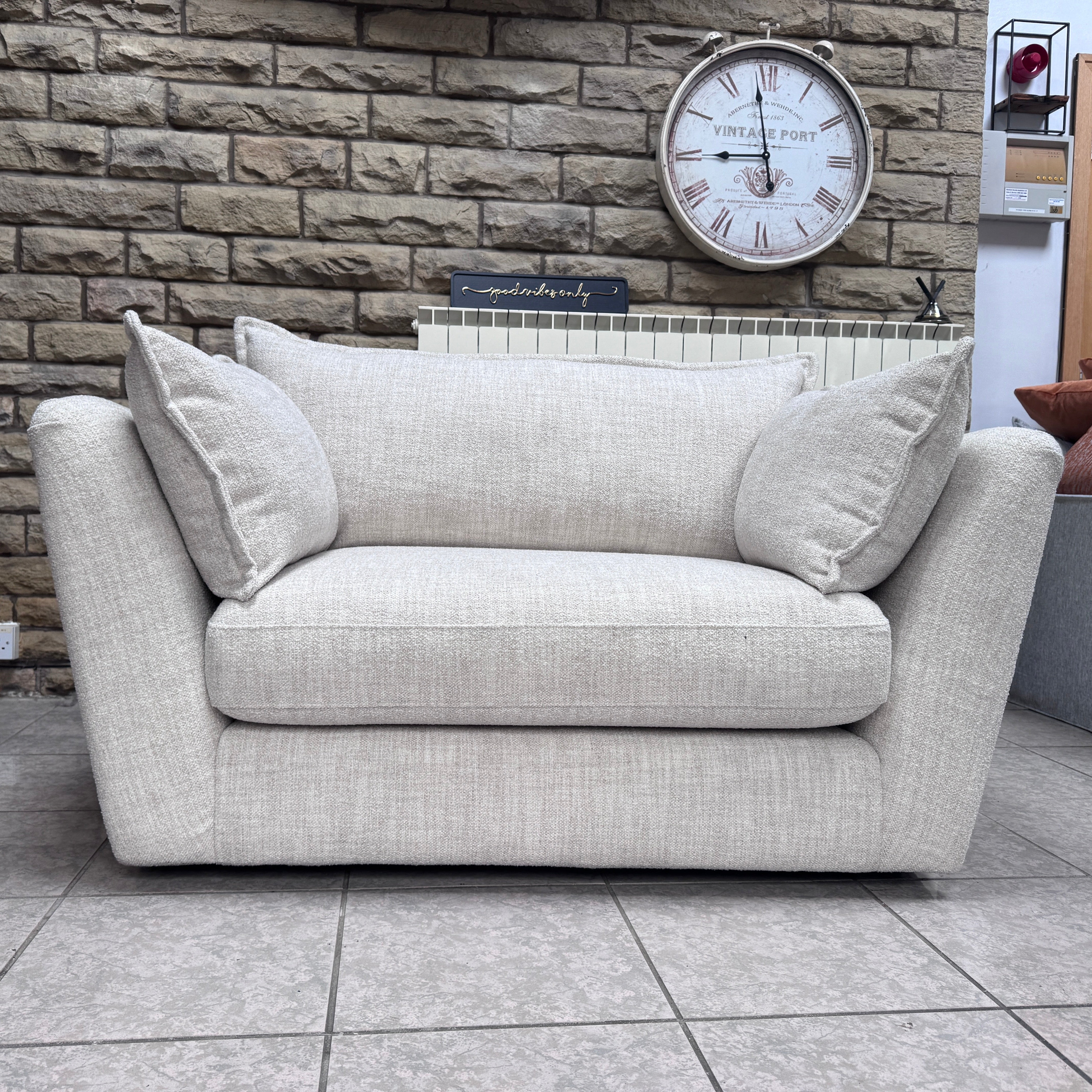 Luca large loveseat / cuddle chair / small sofa in Natural mix weave boucle fabric