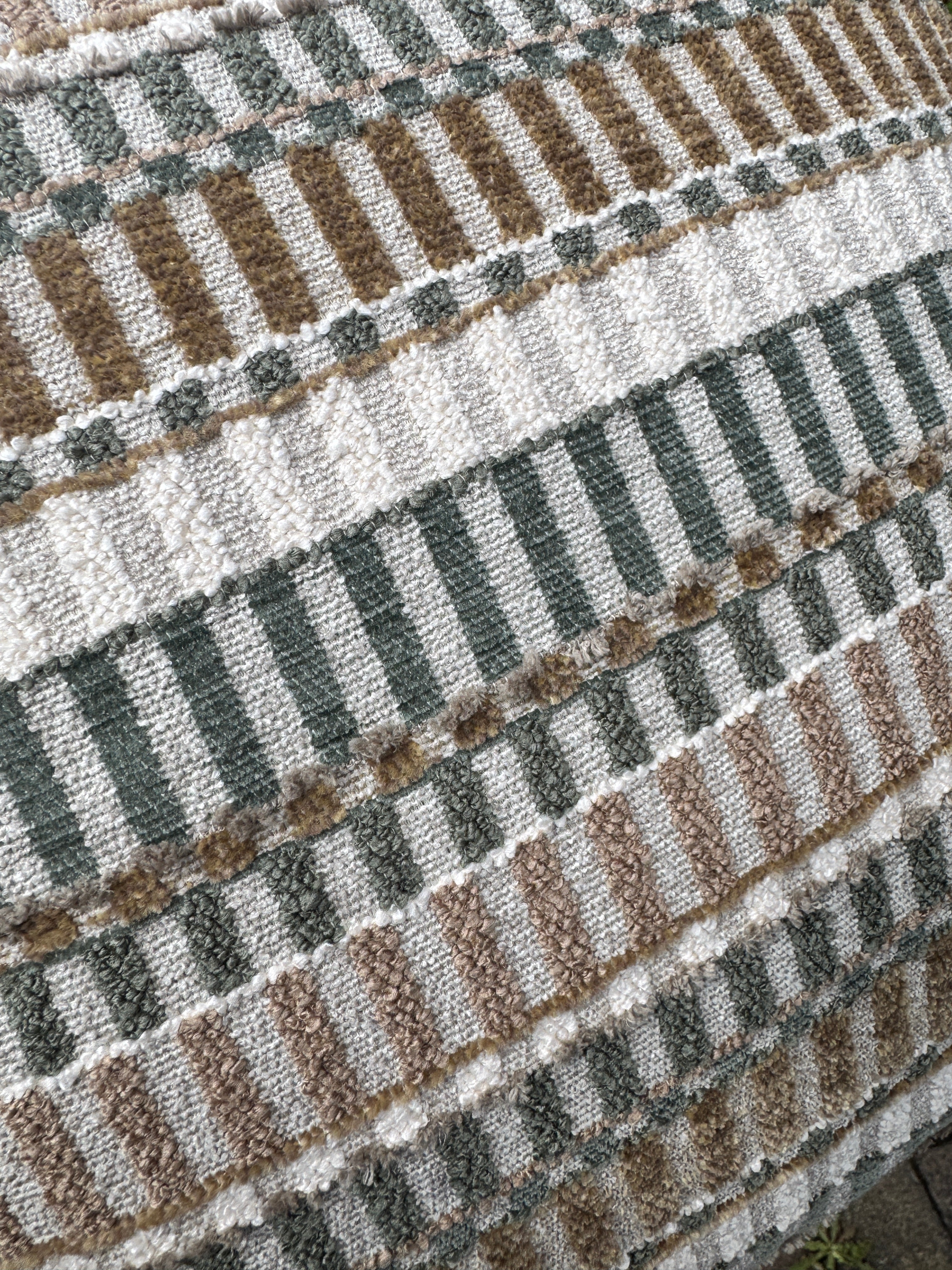 Tovi Footstool in striped mix fabric with matching pair of side cushions