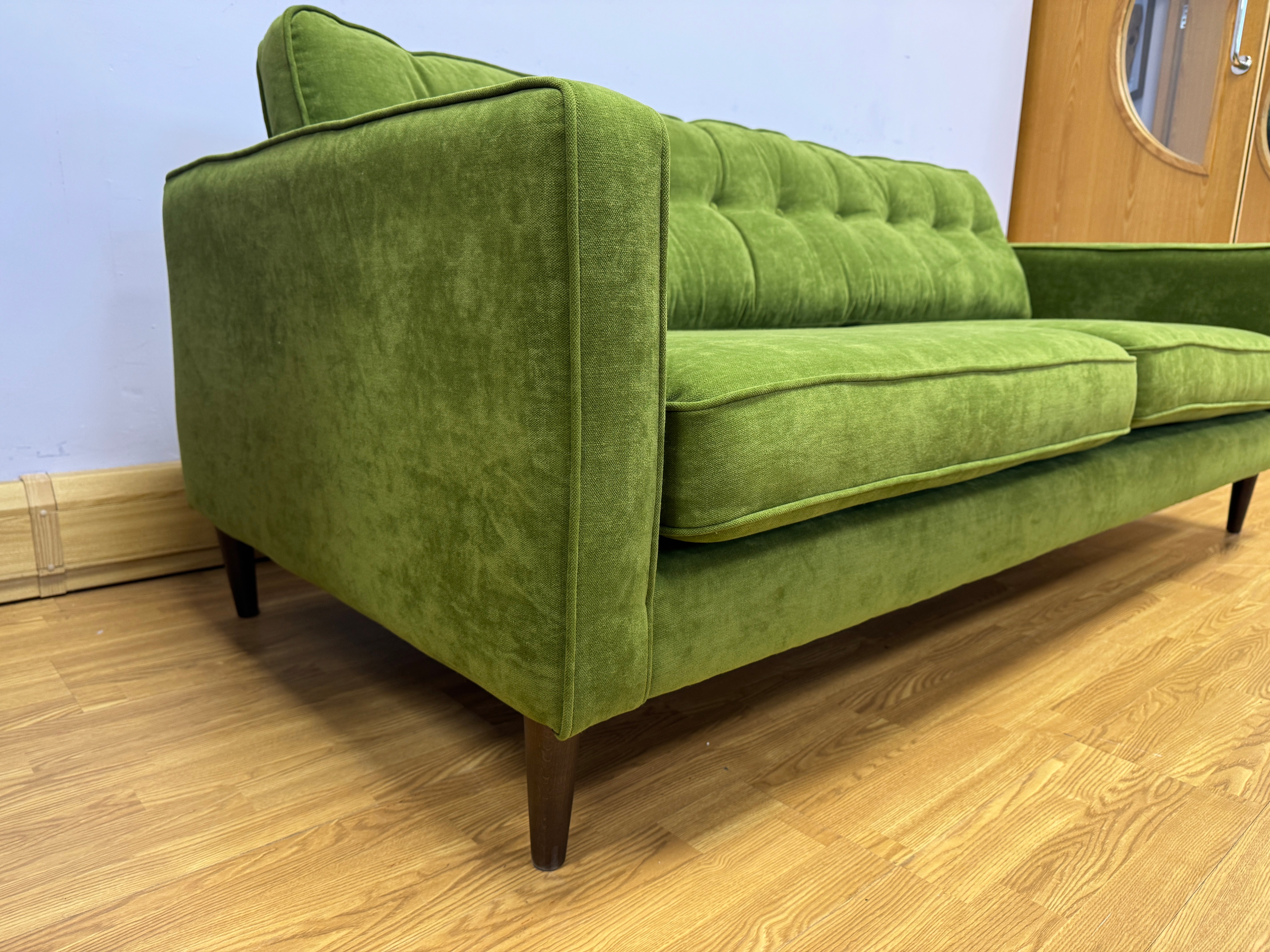 Retro large 4 seater bench back sofa in Seagrass green velvet