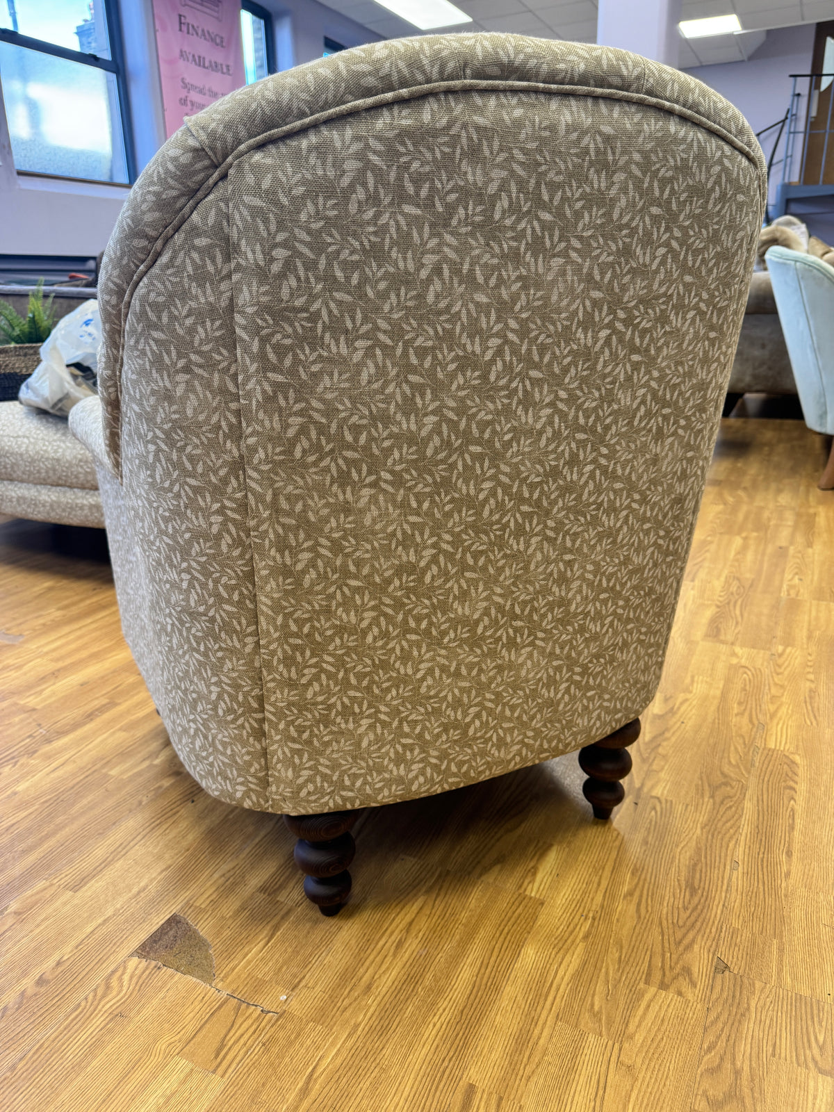 Clover small button back accent chair in Petal stone pattern fabric
