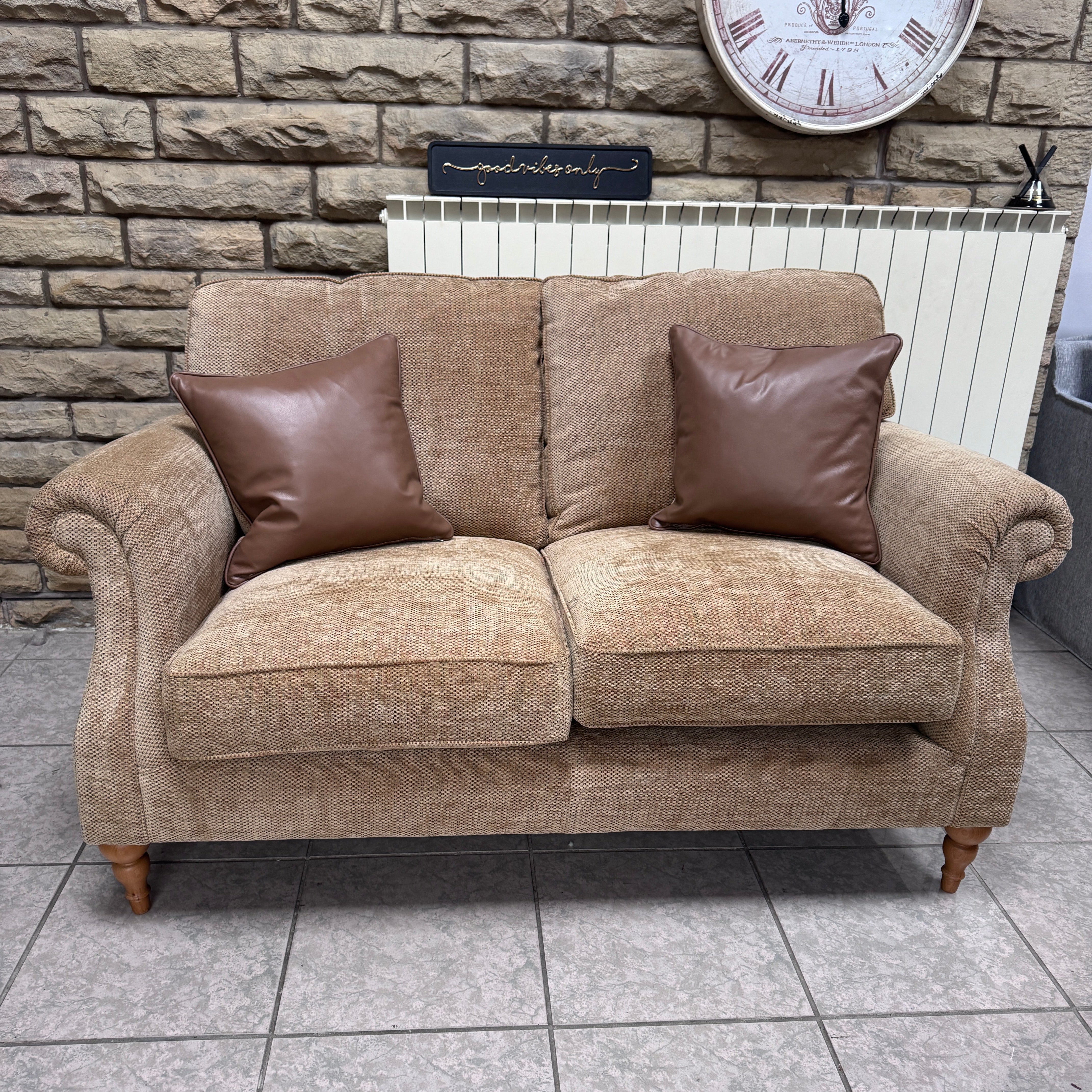 Eastbury 2 seater scroll arm sofa in Baslow Plain Gold velvet fabric (pair available)