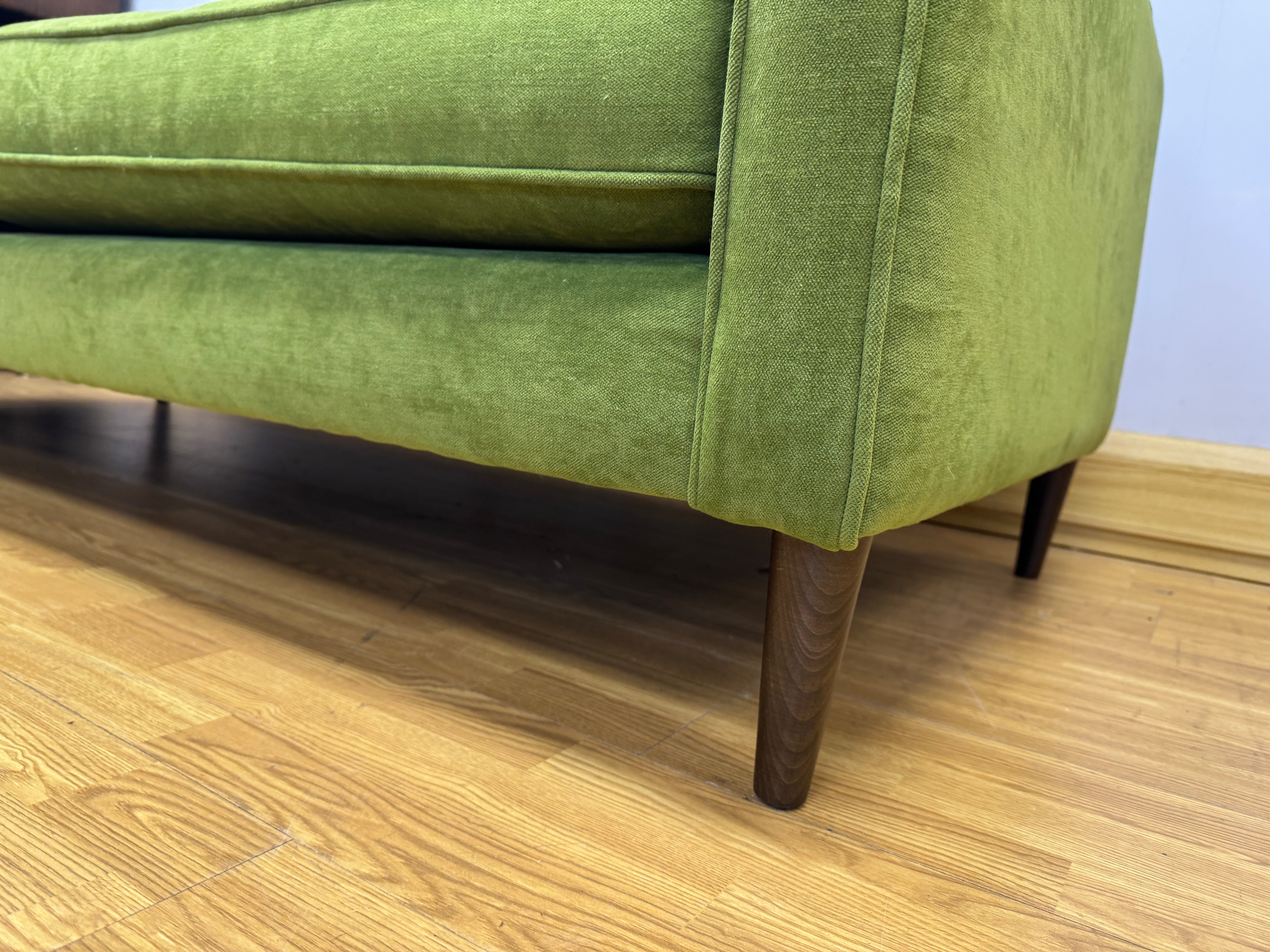 Retro large 4 seater bench back sofa in Seagrass green velvet