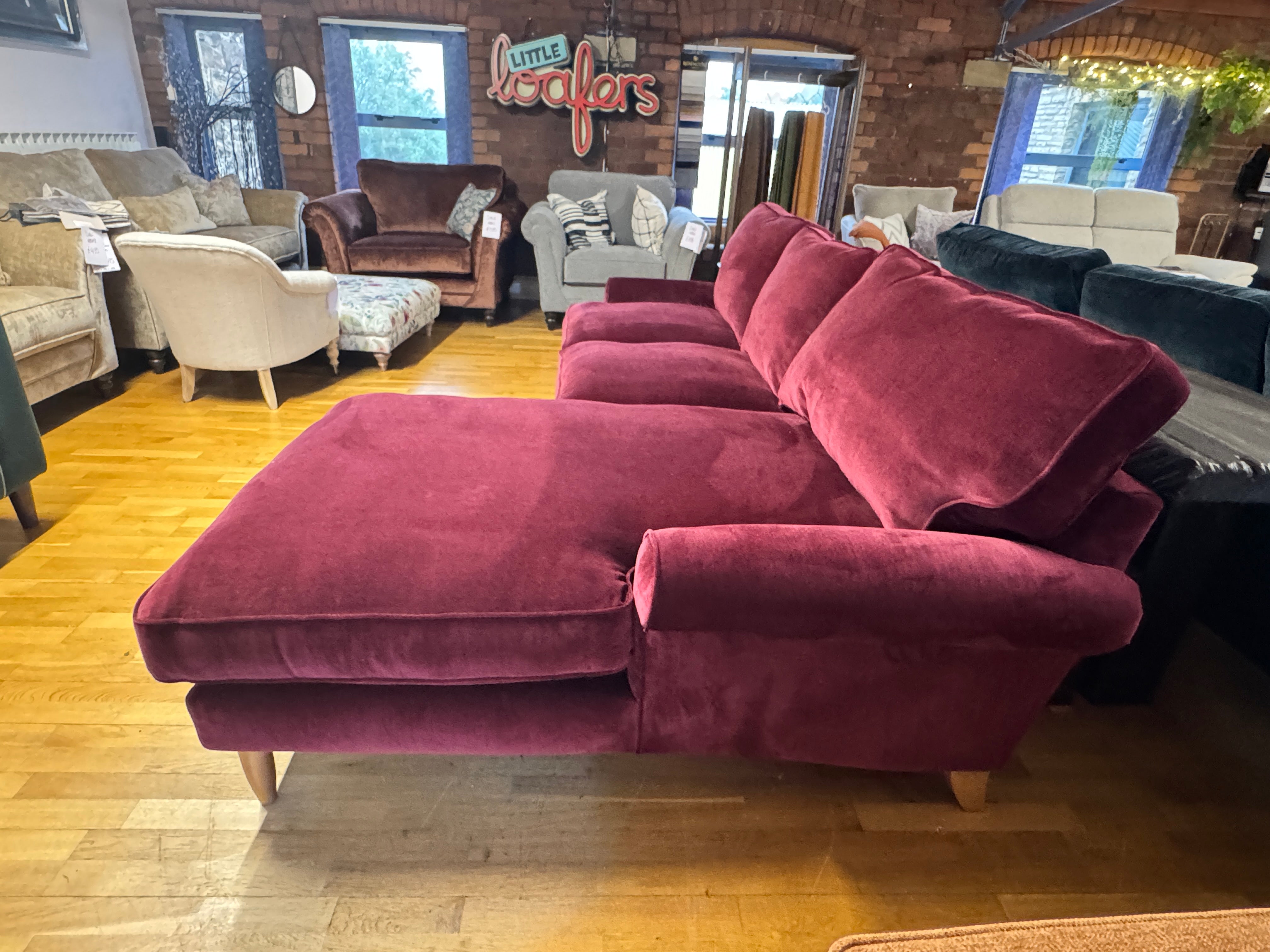Finchley right facing 2 piece chaise sofa in Mulberry red chenille fabric