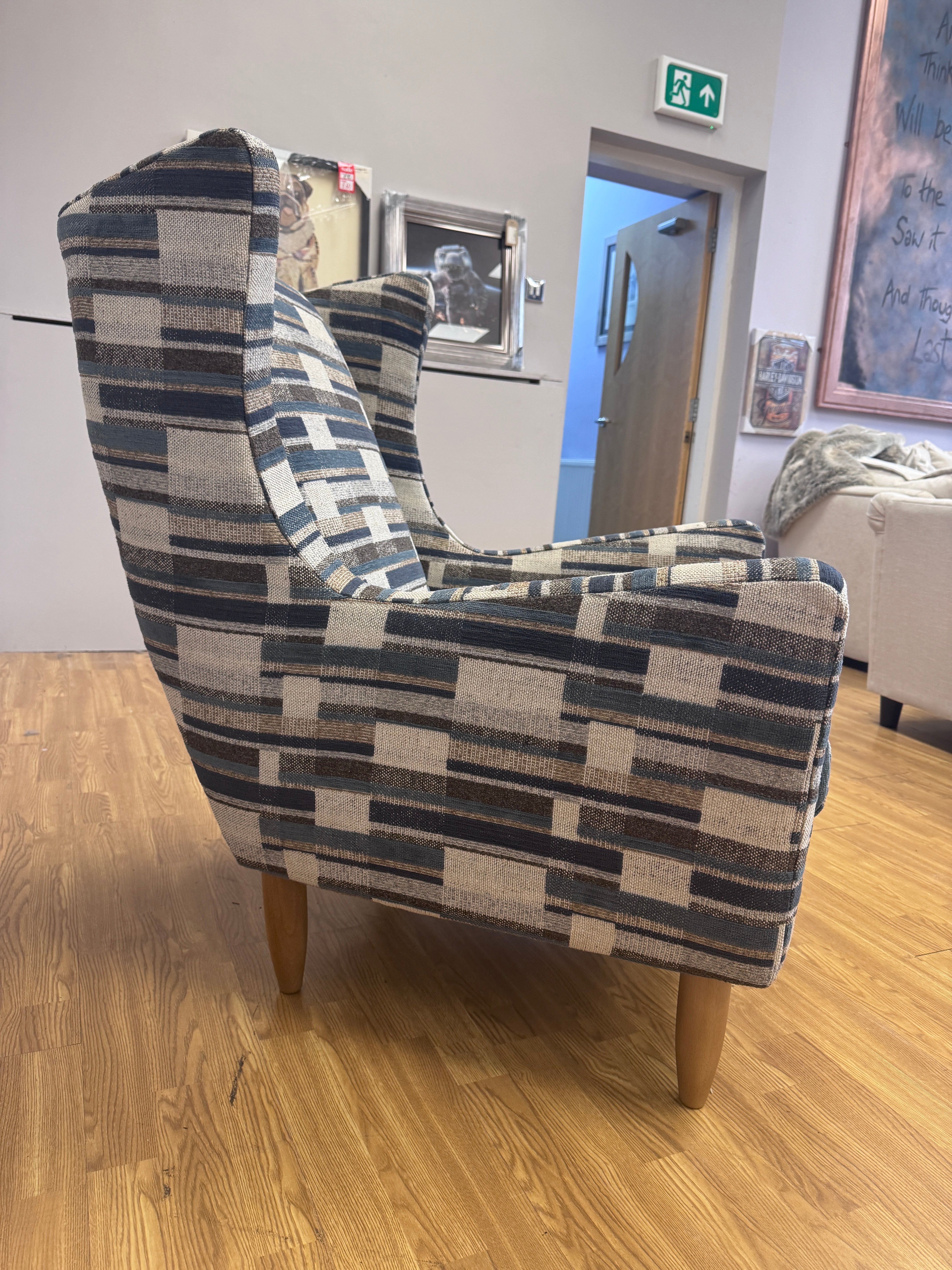 Atelier wingback accent chair in Bolero Harbour pattern fabric