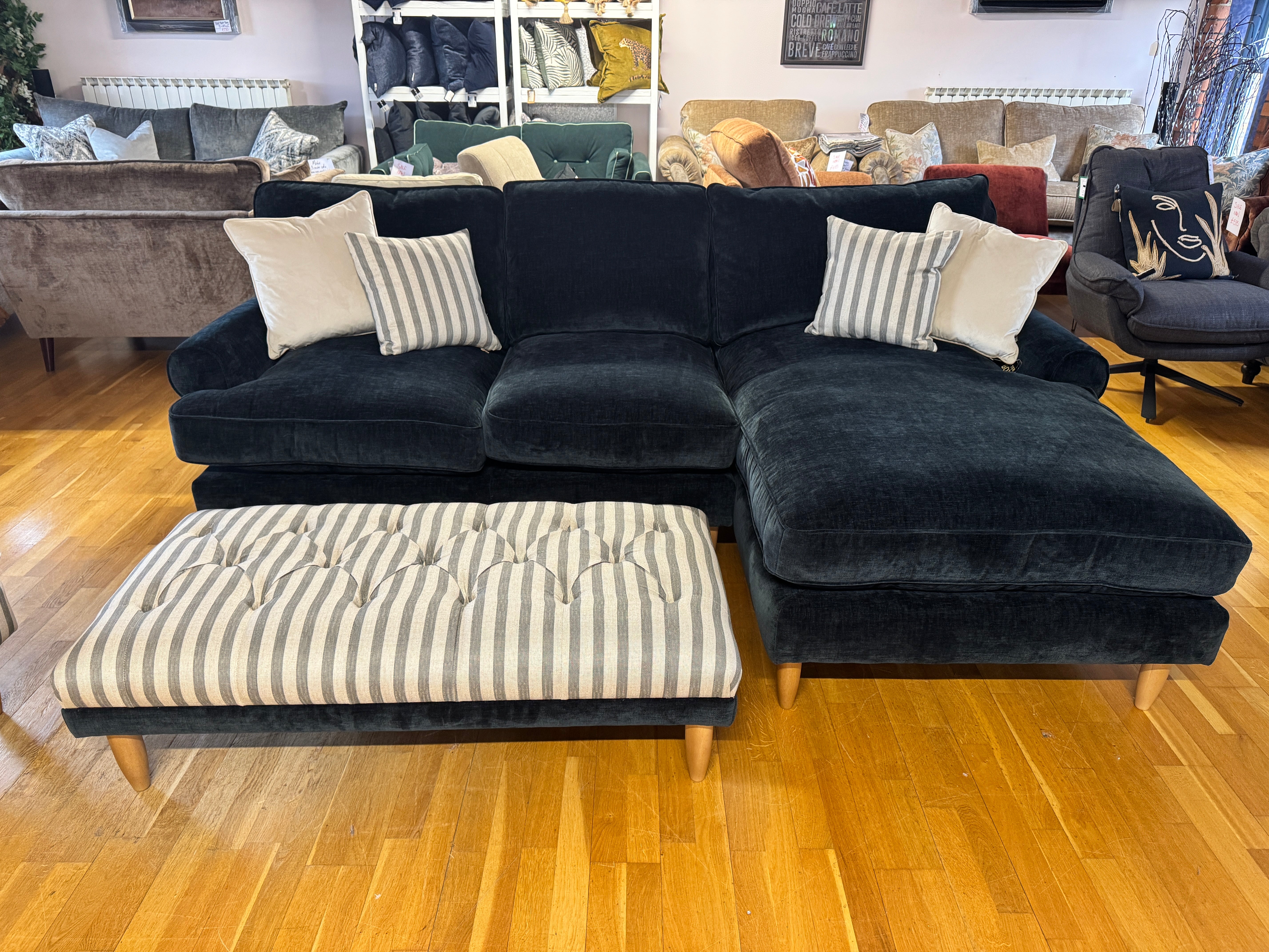 Finchley button top bench footstool in linen mix grey stripe fabric
