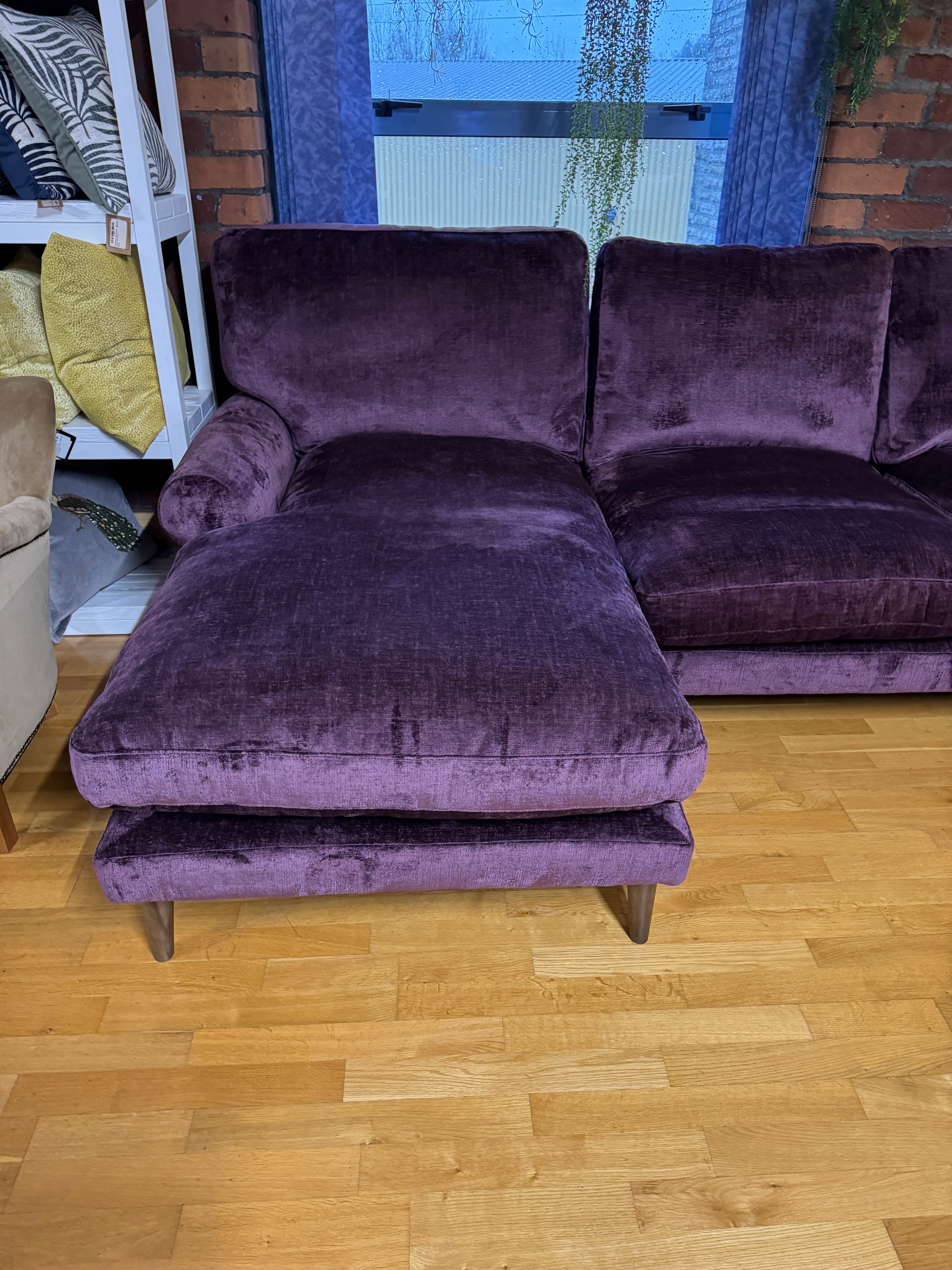 Next Erin left facing 2 piece deep chaise sofa in Dark Plum Purple chenille