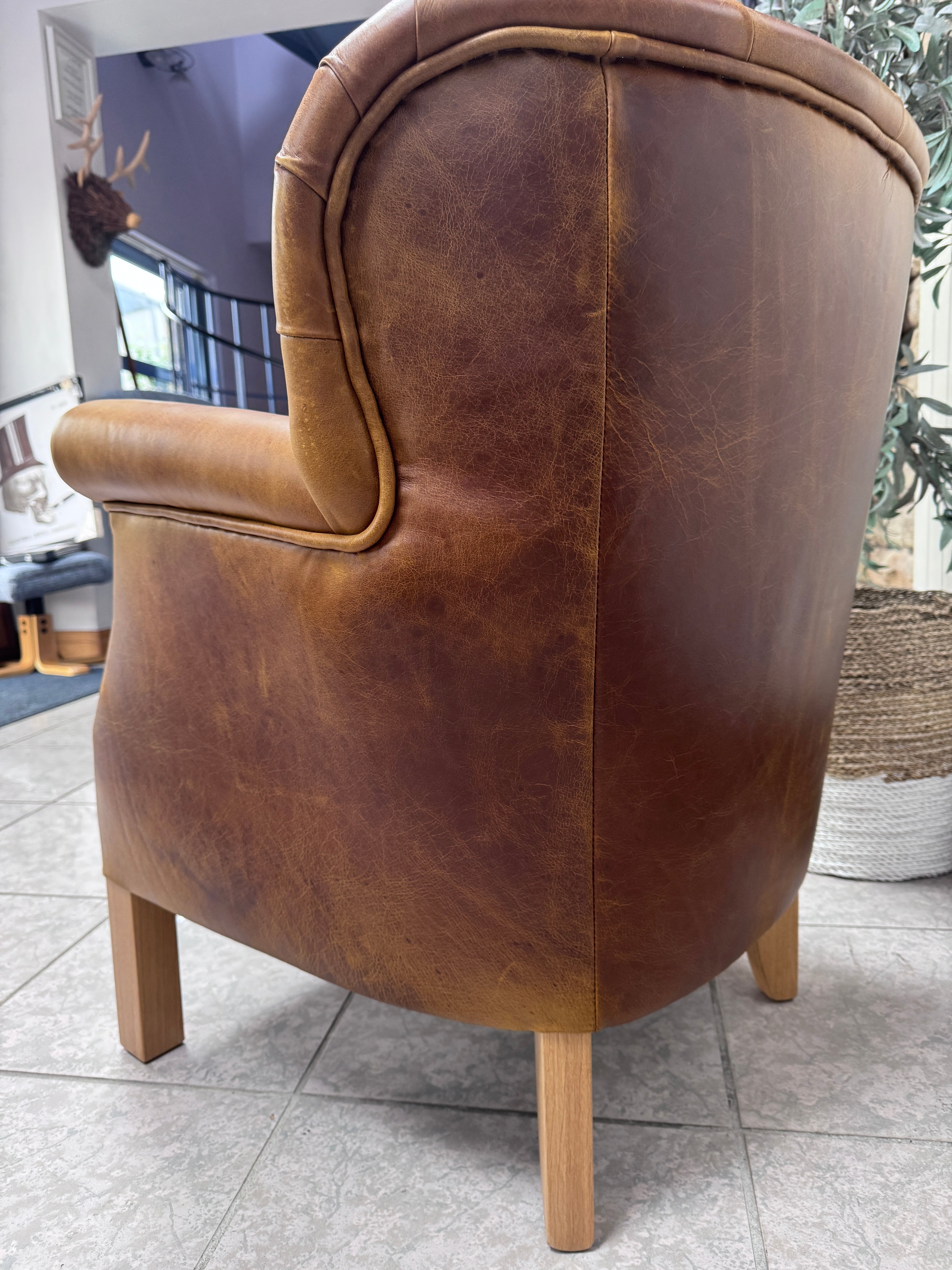 Governor accent chair in Whiskey brown leather with Harris Tweed reversible seat pad