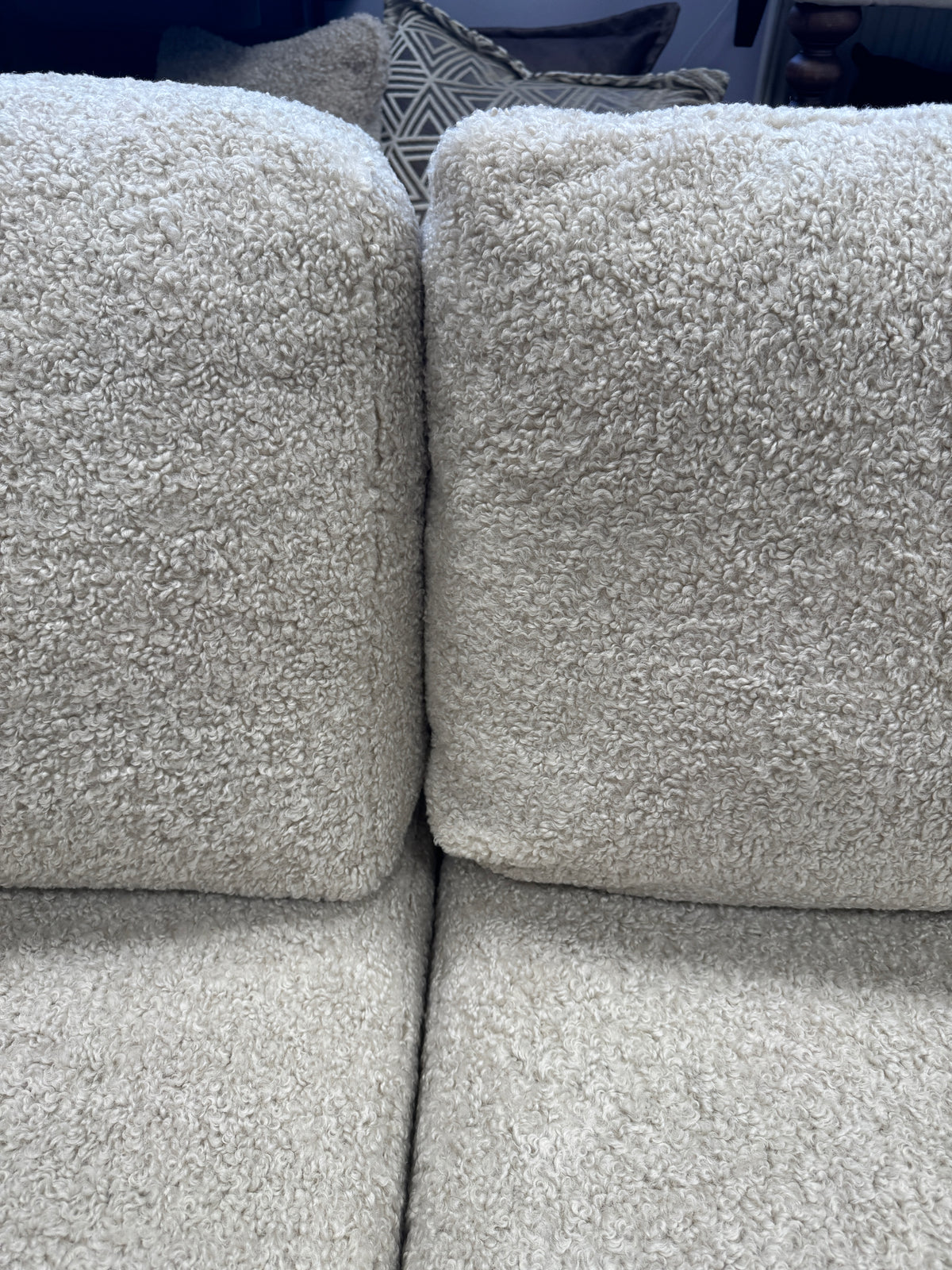 Proto 4 seater split sofa in half faux tan leather and cream borg fabric