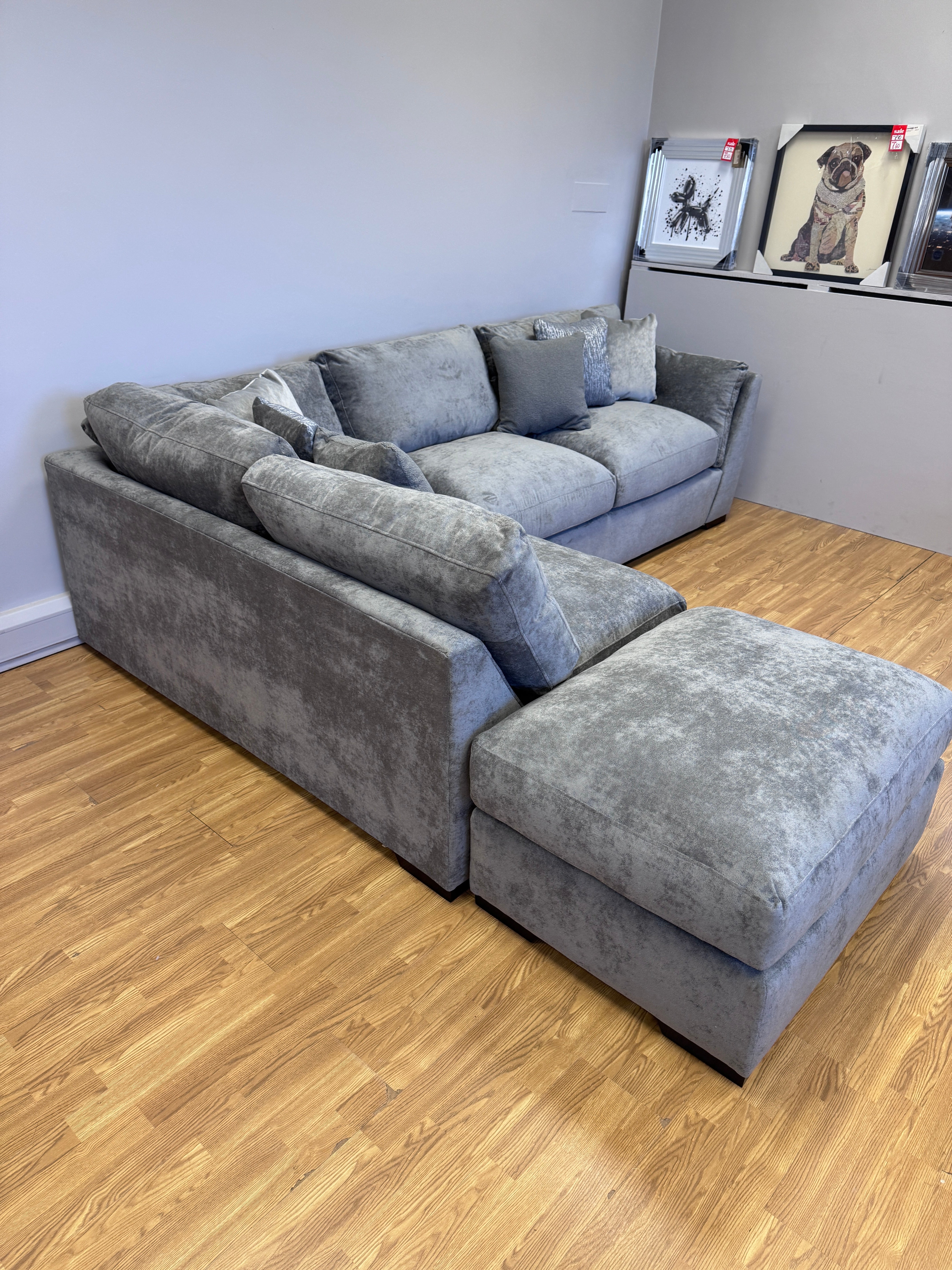 Phoenix left facing corner chaise sofa with footstool in Kingston Grey fabric
