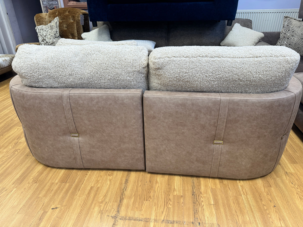 Proto 4 seater split sofa in half faux tan leather and cream borg fabric