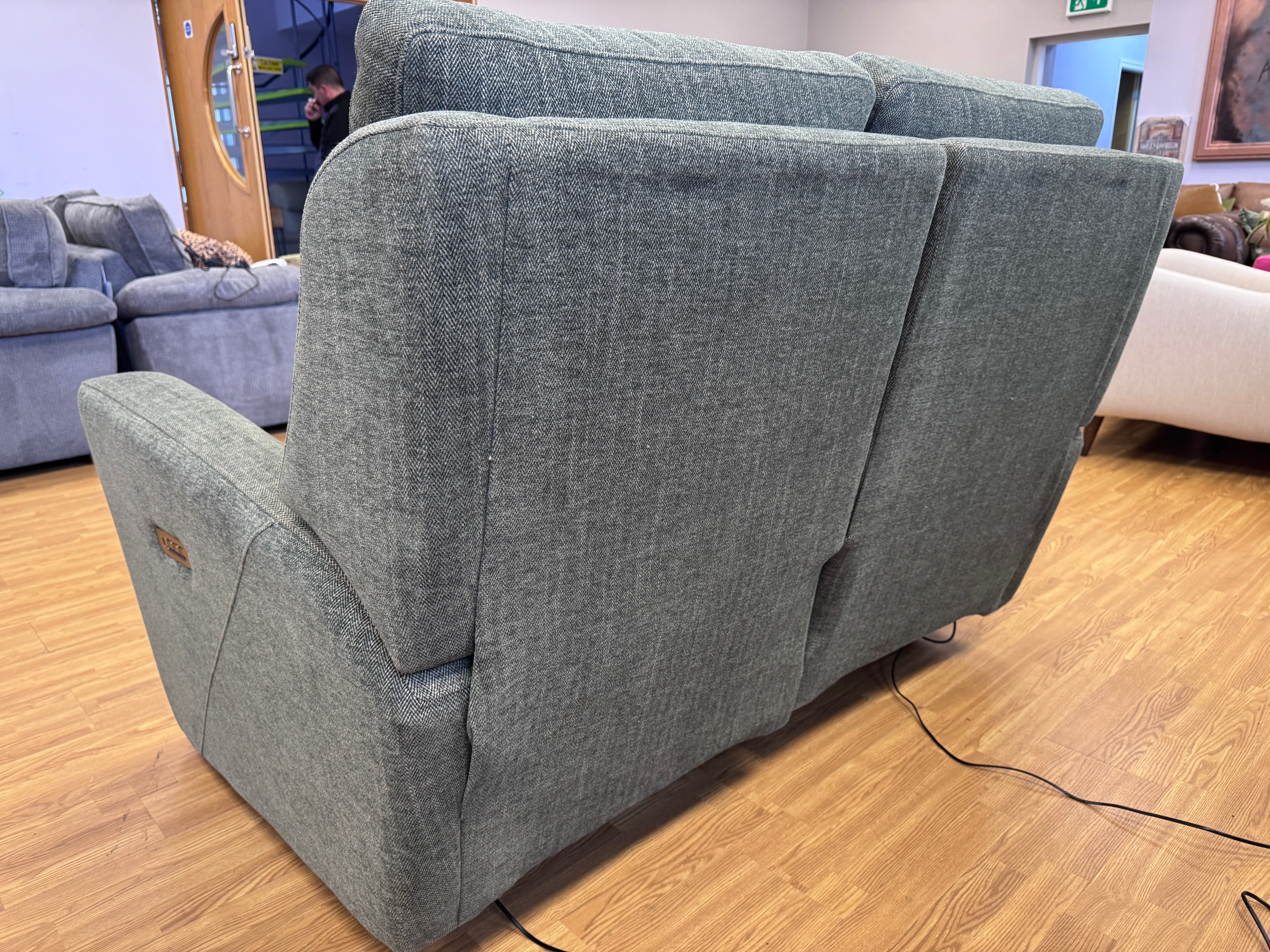 Parker Knoll Chicago split 2 seater electric reclining sofa with lumbar support in Green herringbone fabric