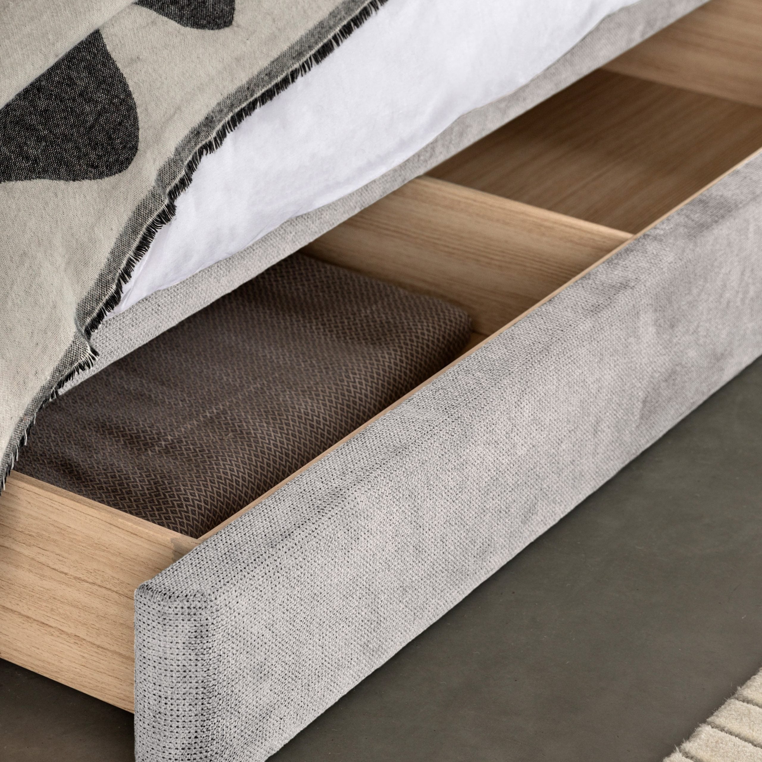 Marple fabric Double Bed frame with storage drawer - available in Green & Taupe