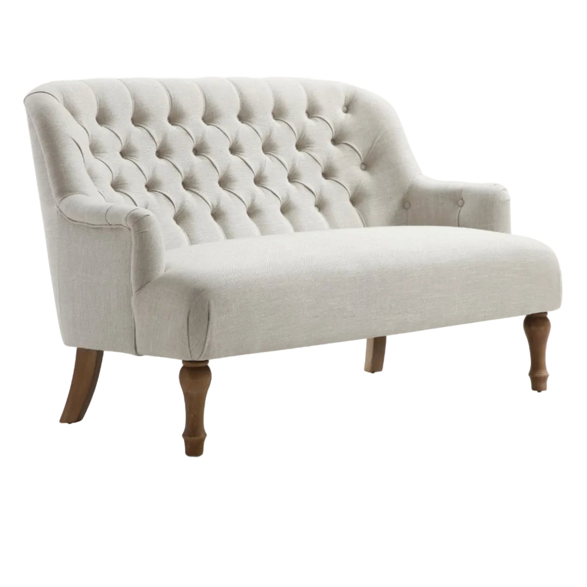 A tufted loveseat sofa in light beige fabric with dark brown wooden legs, shown on a white background with a soft reflection.