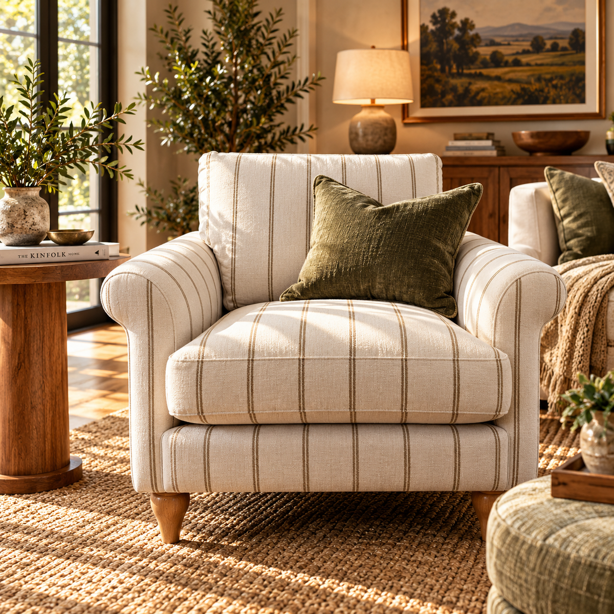 Lacey armchair in natural & honey striped chenille