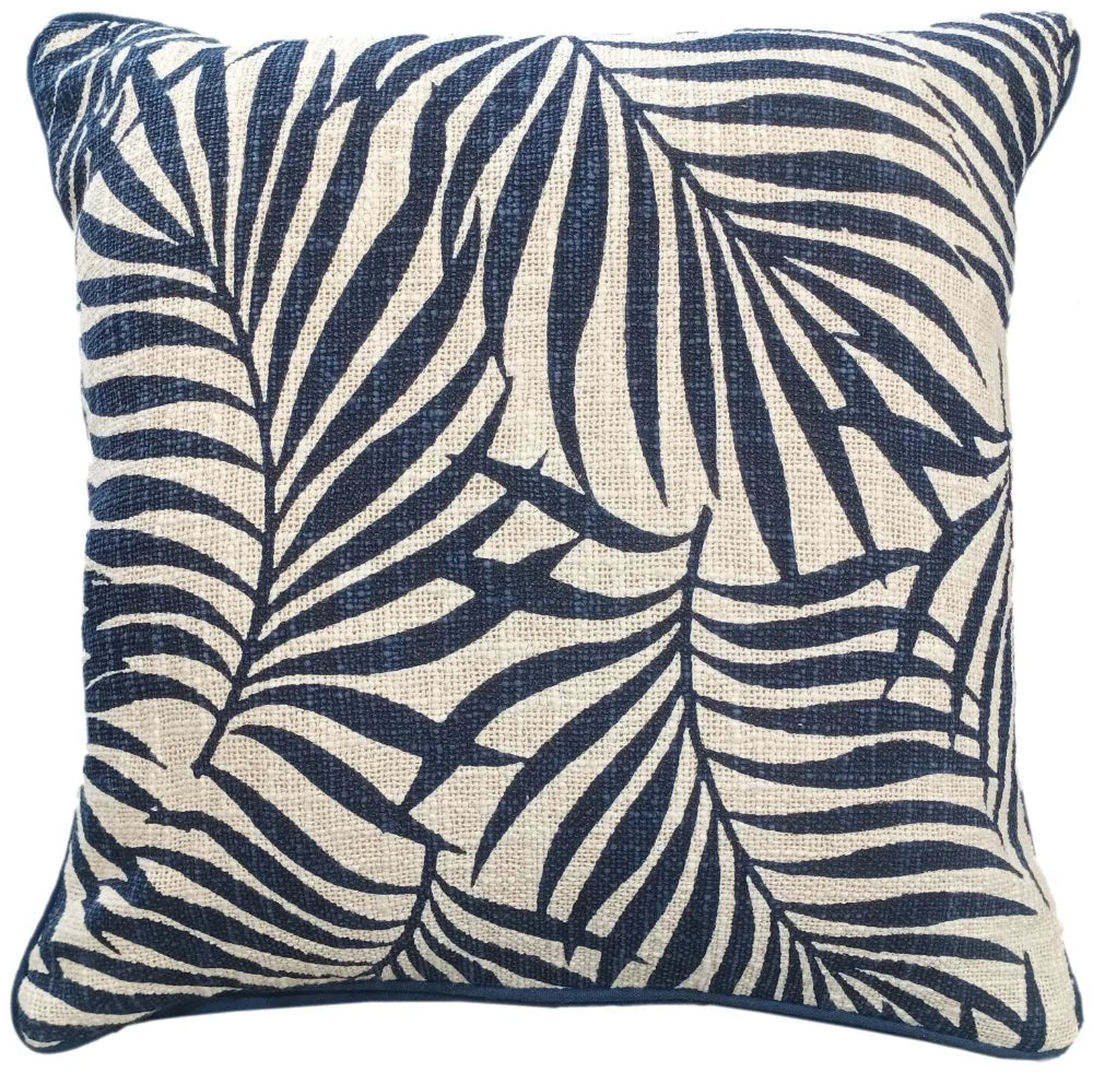 Wapi leaf print feather filled 100% cotton weave cushion 45 x 45cm Indigo