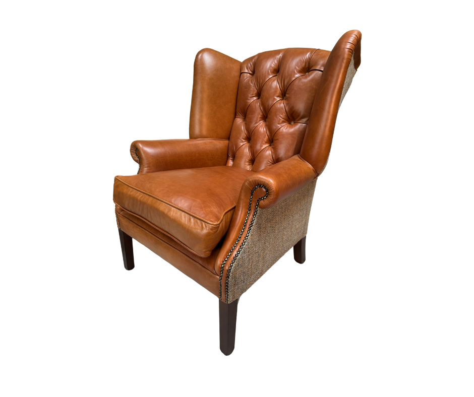 Buckingham Wing Armchair in Half Dark Caramel Leather & Harris Tweed fabric