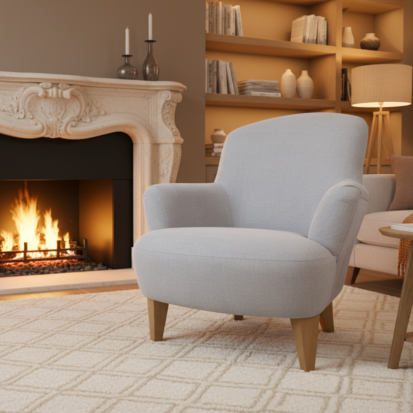 Fireside curved back accent chair in ivory / light grey brushed cotton fabric