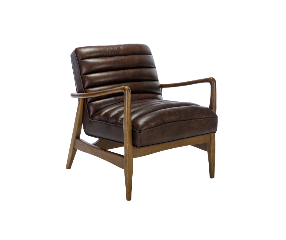 Thea brown mid-century style leather ribbed accent chair with wooden frame